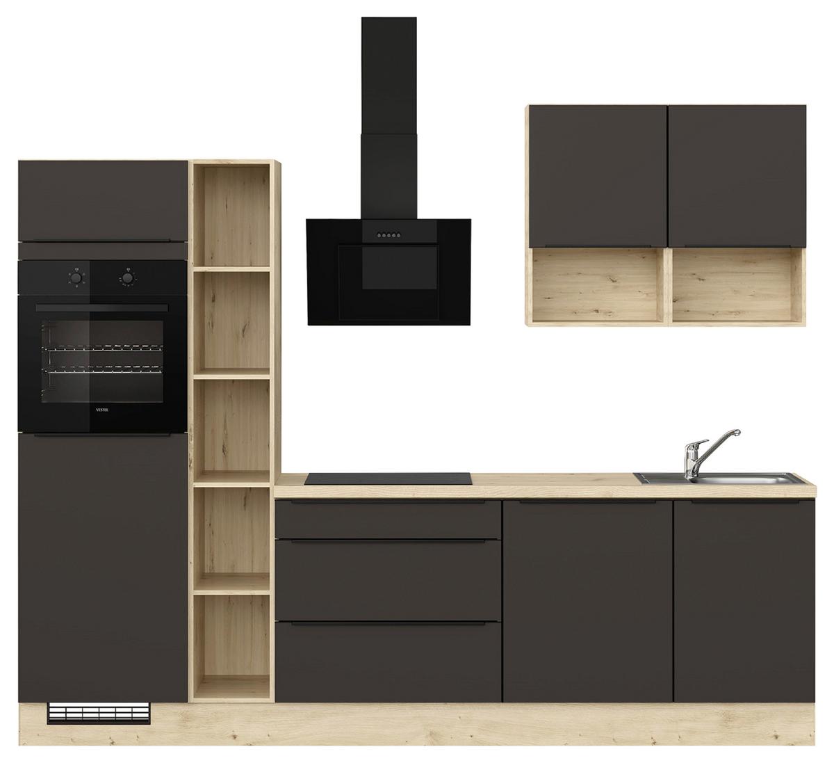Küchenblock IBZ mit Geräten ca. 280 cm Braun - Eichefarben/Schwarz, Design, Holzwerkstoff/Metall (280cm) - Impuls