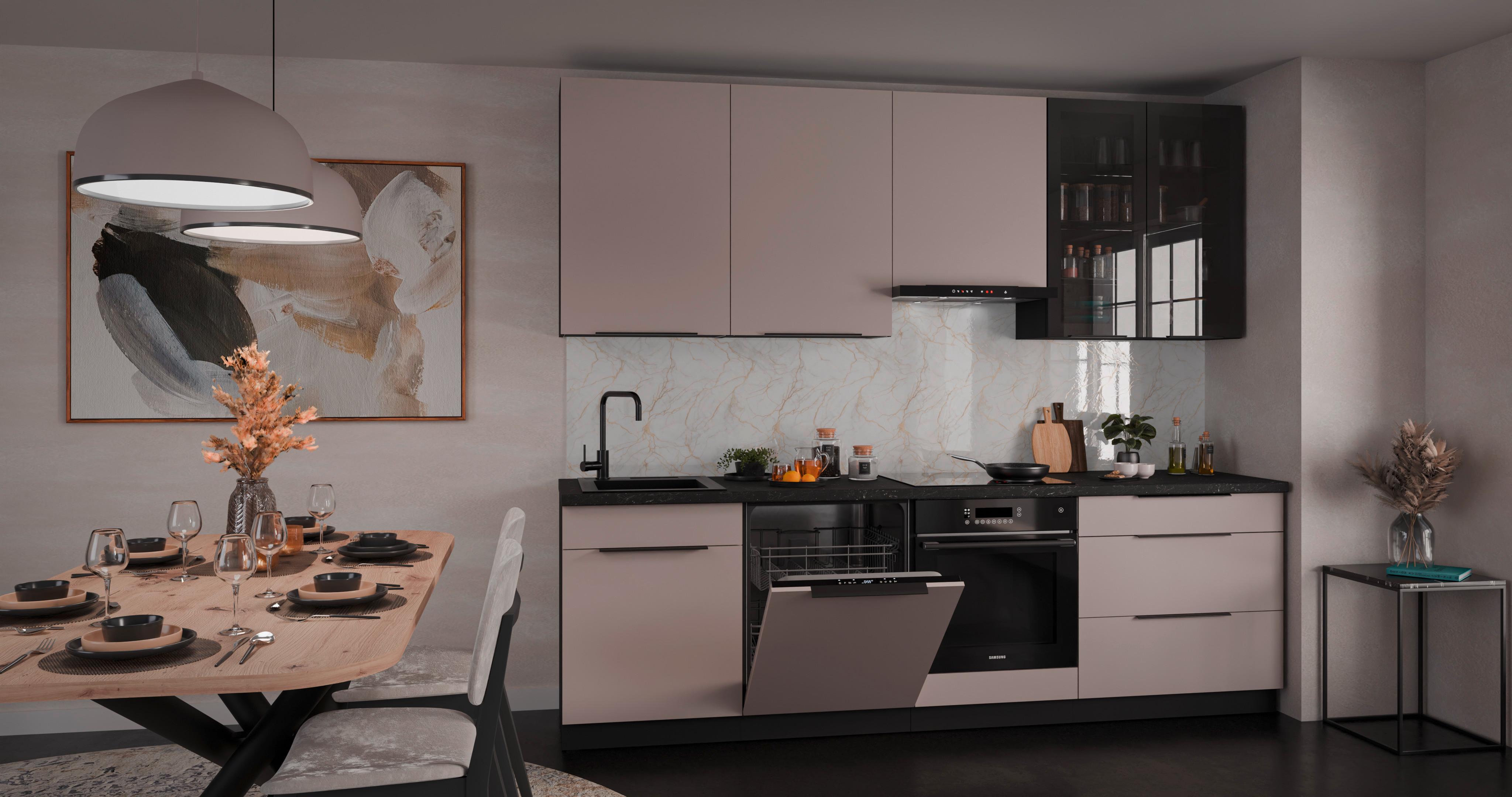 Bucatarie fara electrocasnice ARONA - bej/alb, Modern, sticlă/metal (260/235/60cm) - Modern Living