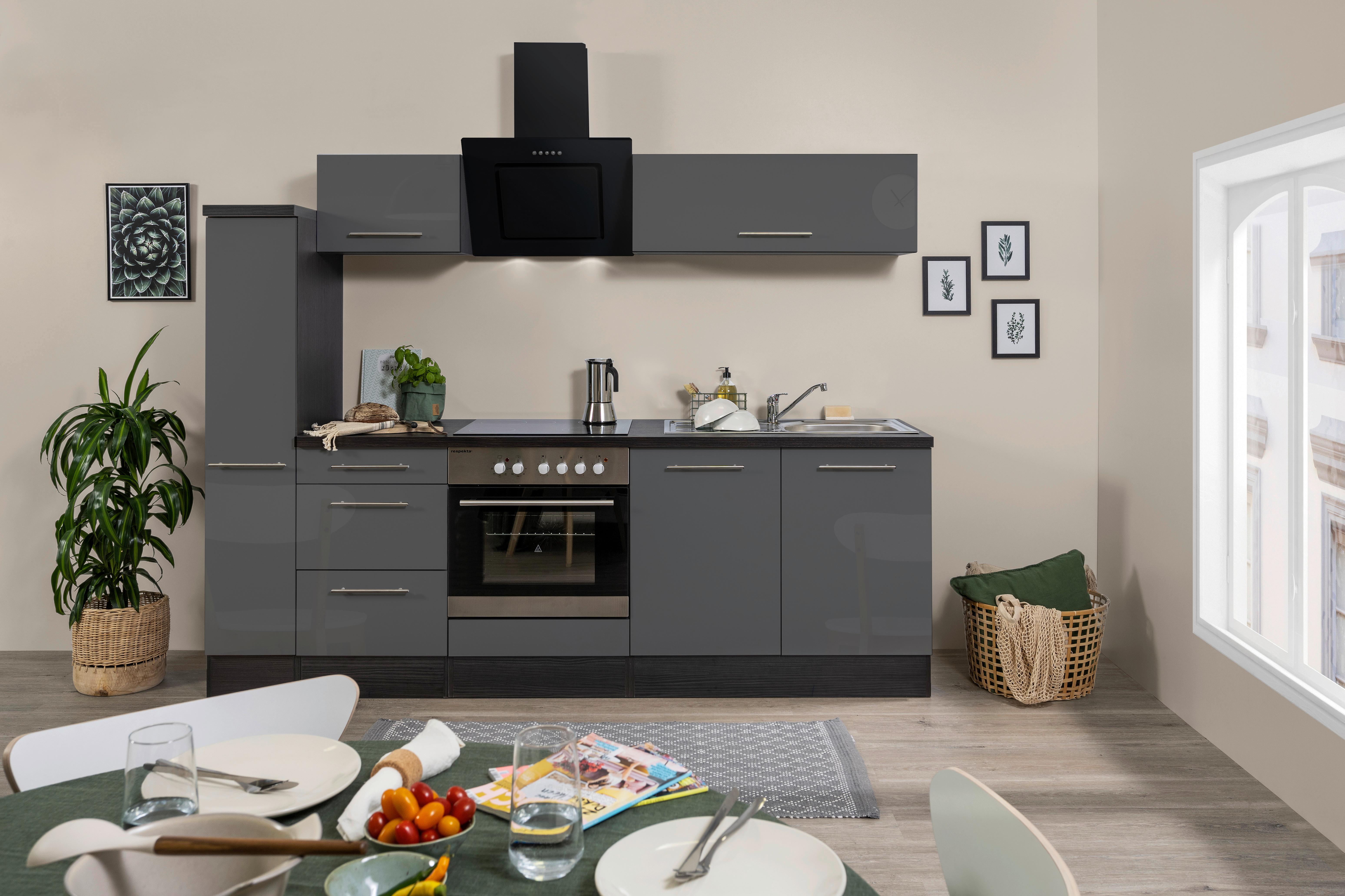 Küchenzeile Grau Hochglanz mit Geräte B: ca. 240 cm - Alufarben/Grau, Basics, Holzwerkstoff (240cm) - Respekta