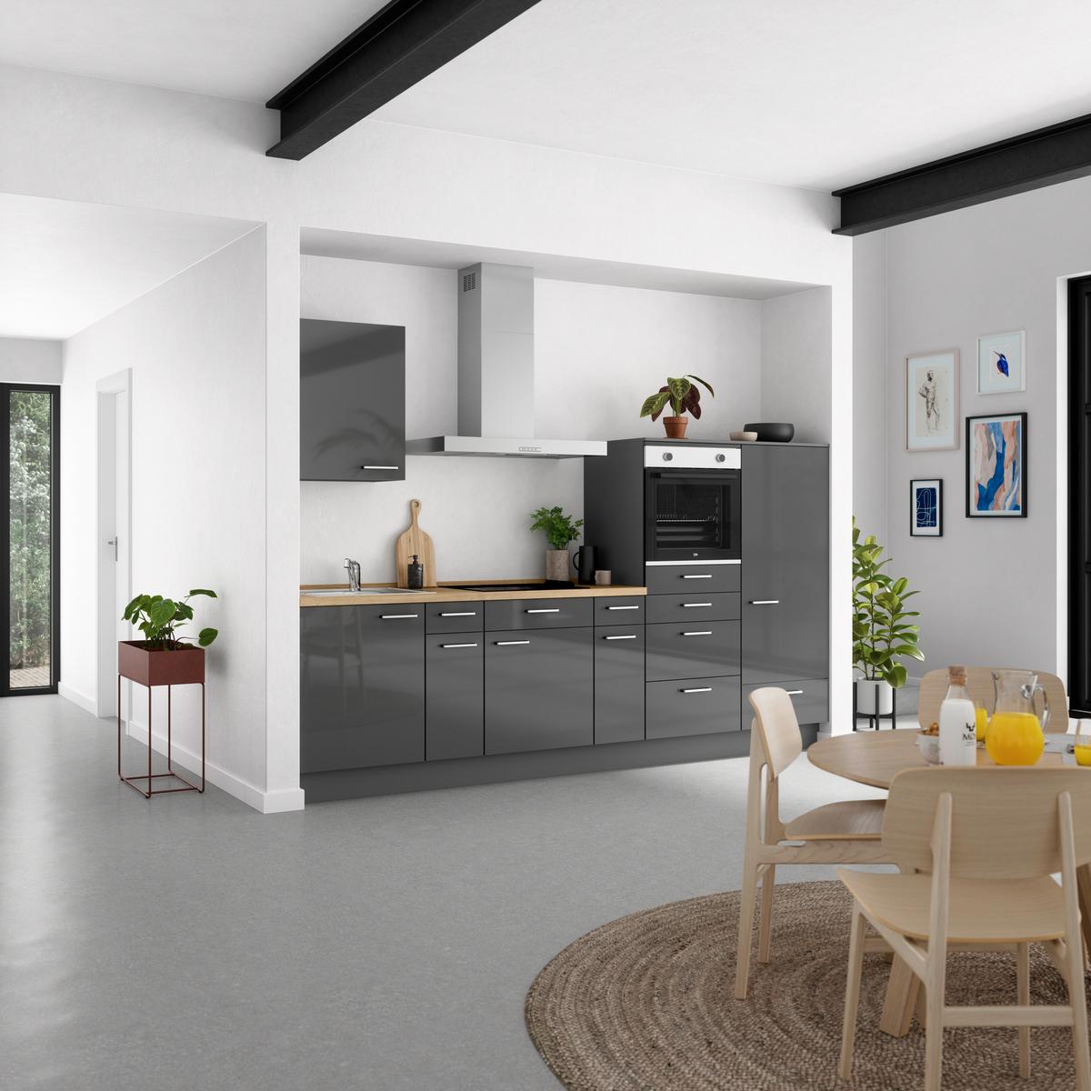 Küchenblock Flash Low m. Geräten Schieferfarben - Schieferfarben/Edelstahlfarben, MODERN, Holzwerkstoff/Metall (300cm) - Nobilia