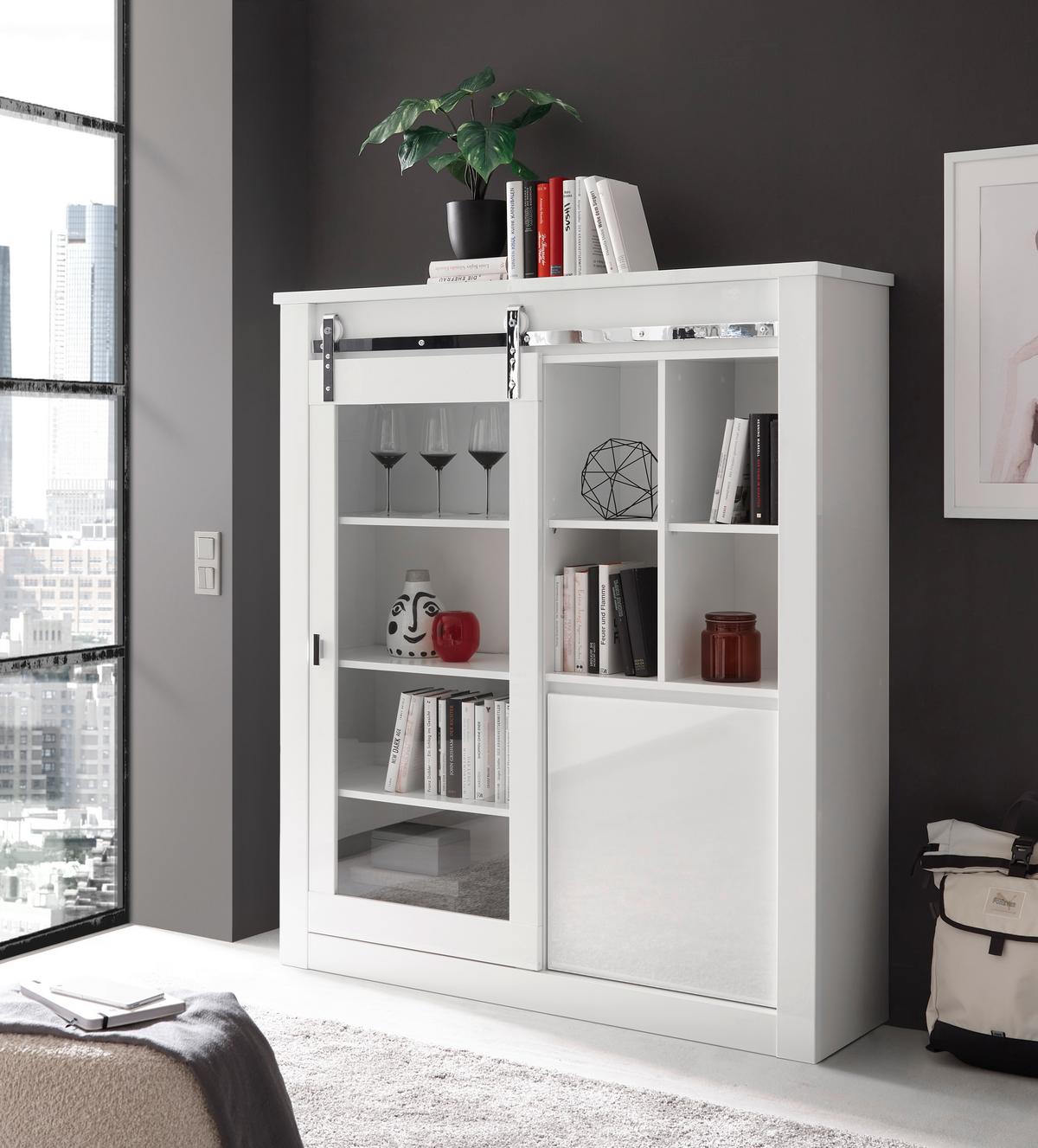 Vitrine Daytona Weiß - Chromfarben/Weiß Hochglanz, Design, Holzwerkstoff/Metall (133/152/38cm) - Livetastic