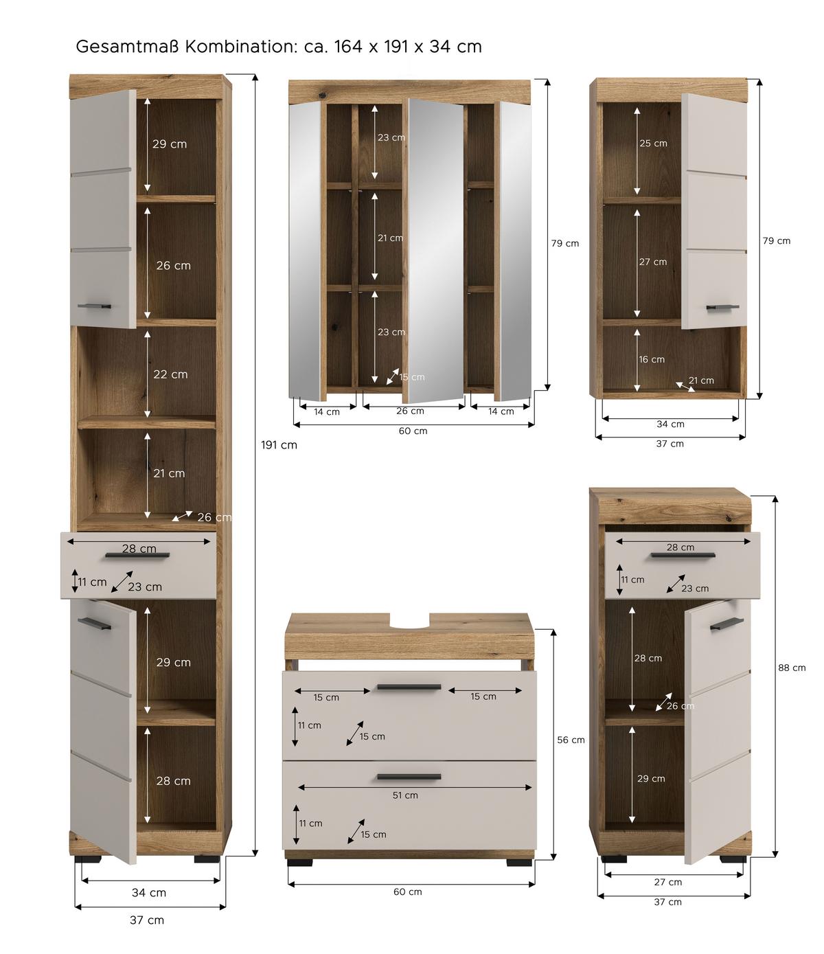 Badezimmer Scout 5-tlg. ca. 134 cm Kaschmir - Kaschmir/Schwarz, MODERN, Glas/Holzwerkstoff (134cm) - MID.YOU