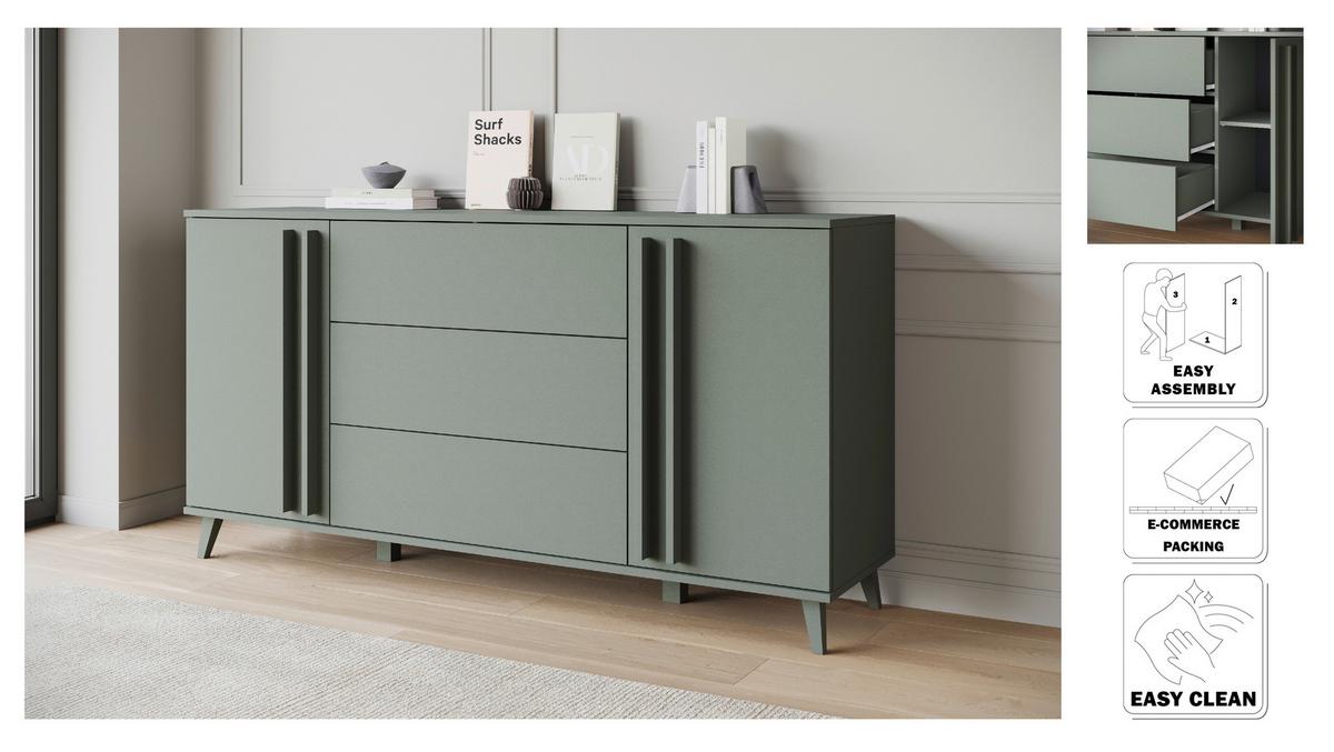 SIDEBOARD Helsinki Salbeigrün B: 150cm - Salbeigrün/Schwarz, Trend, Holzwerkstoff/Kunststoff (150/77,8/39,5cm) - P & B