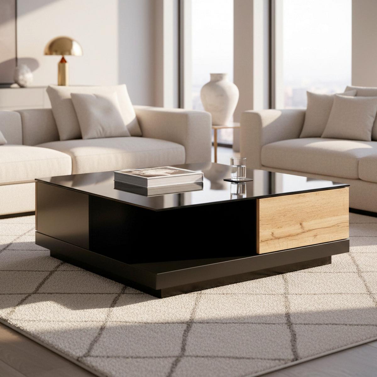 Măsuță de cafea NEVIO - culoare lemn stejar/negru, Modern, sticlă (85/85/30cm) - Bessagi Home