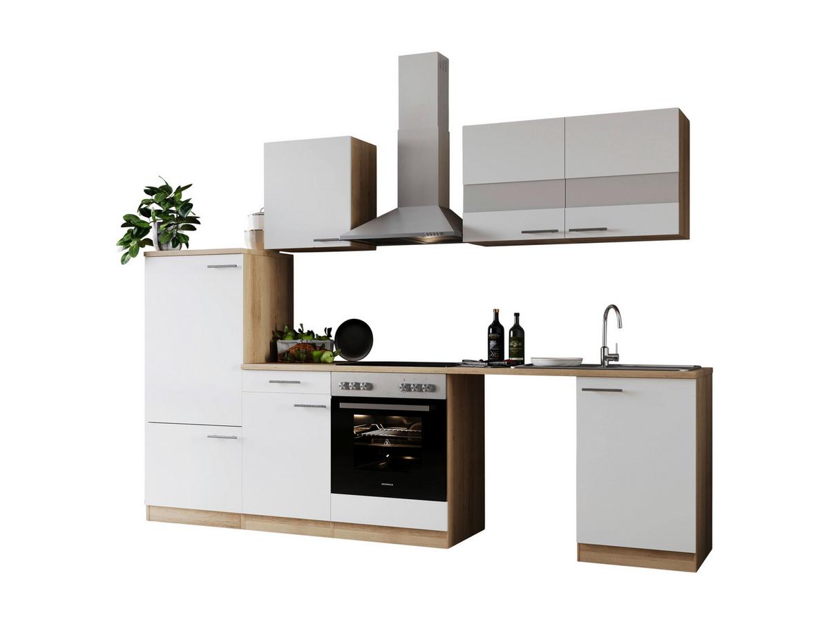 Küchenblock Merle m. Geräten Weiß - Edelstahlfarben/Eichefarben, Basics, Glas/Holzwerkstoff (280cm) - Respekta