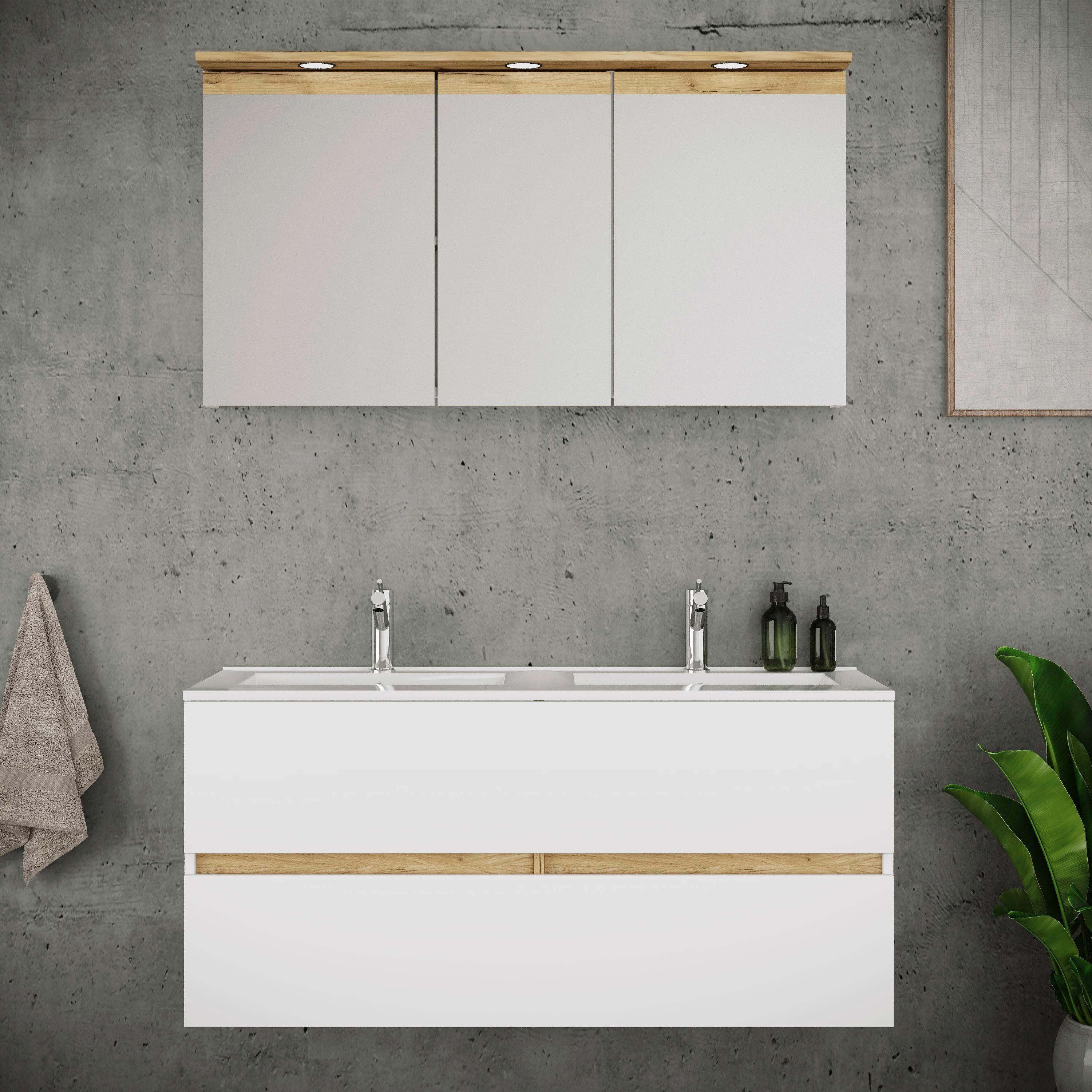 Badezimmer Cosila mit LED 3-tlg. Weiß/Honigeiche - Honigeiche/Weiß, Trend, Keramik/Holzwerkstoff (112cm) - MID.YOU