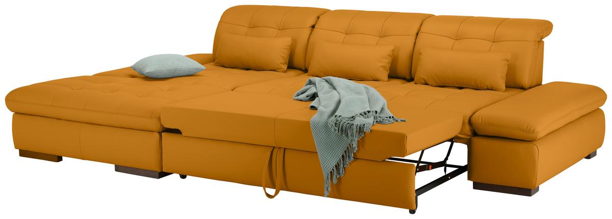 Wohnlandschaft Sanfino Leder Gelb - Chromfarben/Gelb, KONVENTIONELL, Leder/Metall (199/79-96/305cm) - Premium Living