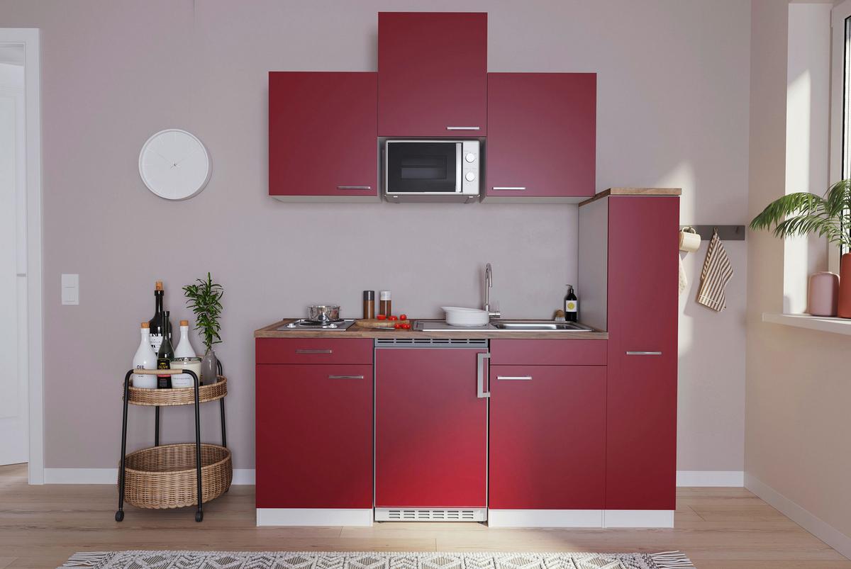 Küchenzeile Economy m. Geräte Rot/Nussbaum B: ca. 180 cm - Rot/Nussbaumfarben, Basics, Holzwerkstoff/Kunststoff (180cm) - Respekta