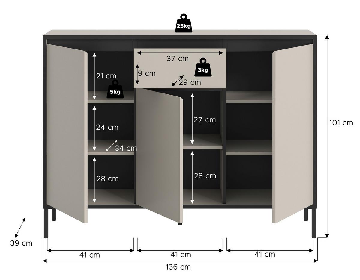KOMMODE TRON - Kaschmir/Schwarz, Design, Holzwerkstoff/Metall (136/101/38cm) - Livetastic