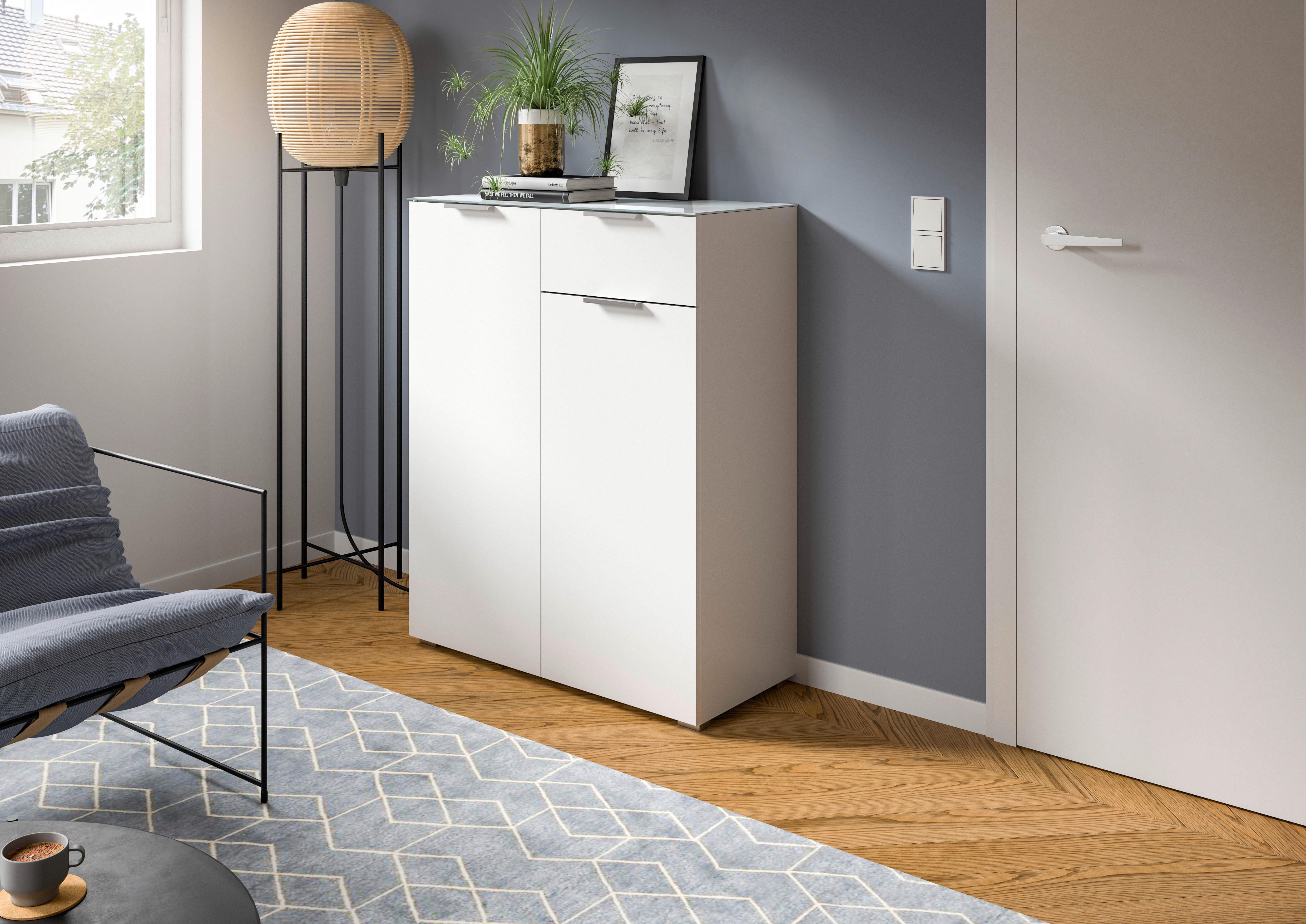 Kommode Ray ca. 90x112 cm Weiß - Silberfarben/Weiß, Design, Glas/Holzwerkstoff (90/112/40cm) - Livetastic