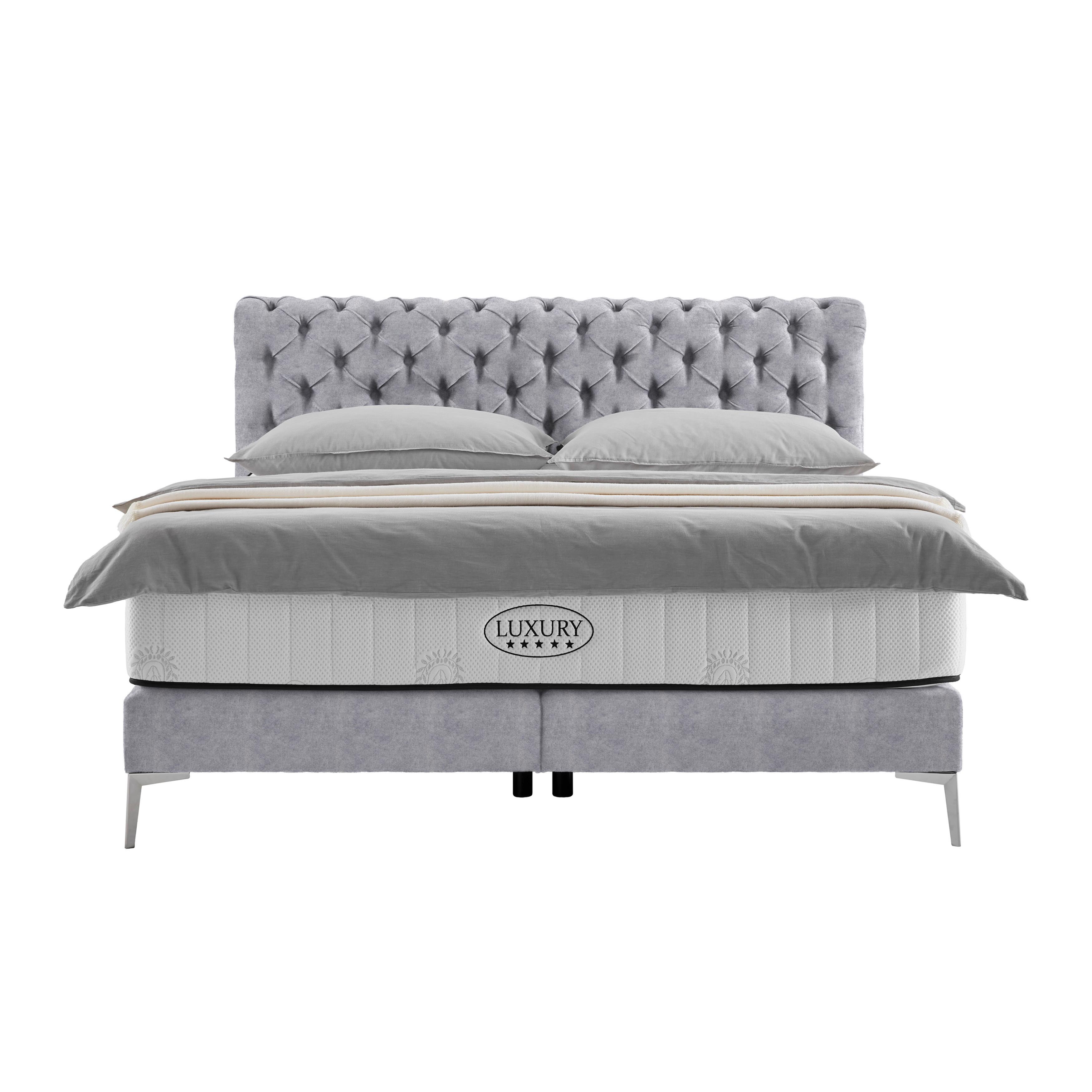 Boxspringbett Queen in Hellgrau ca. 180x200cm - Chromfarben/Goldfarben, KONVENTIONELL, Textil (180/200cm) - Premium Living