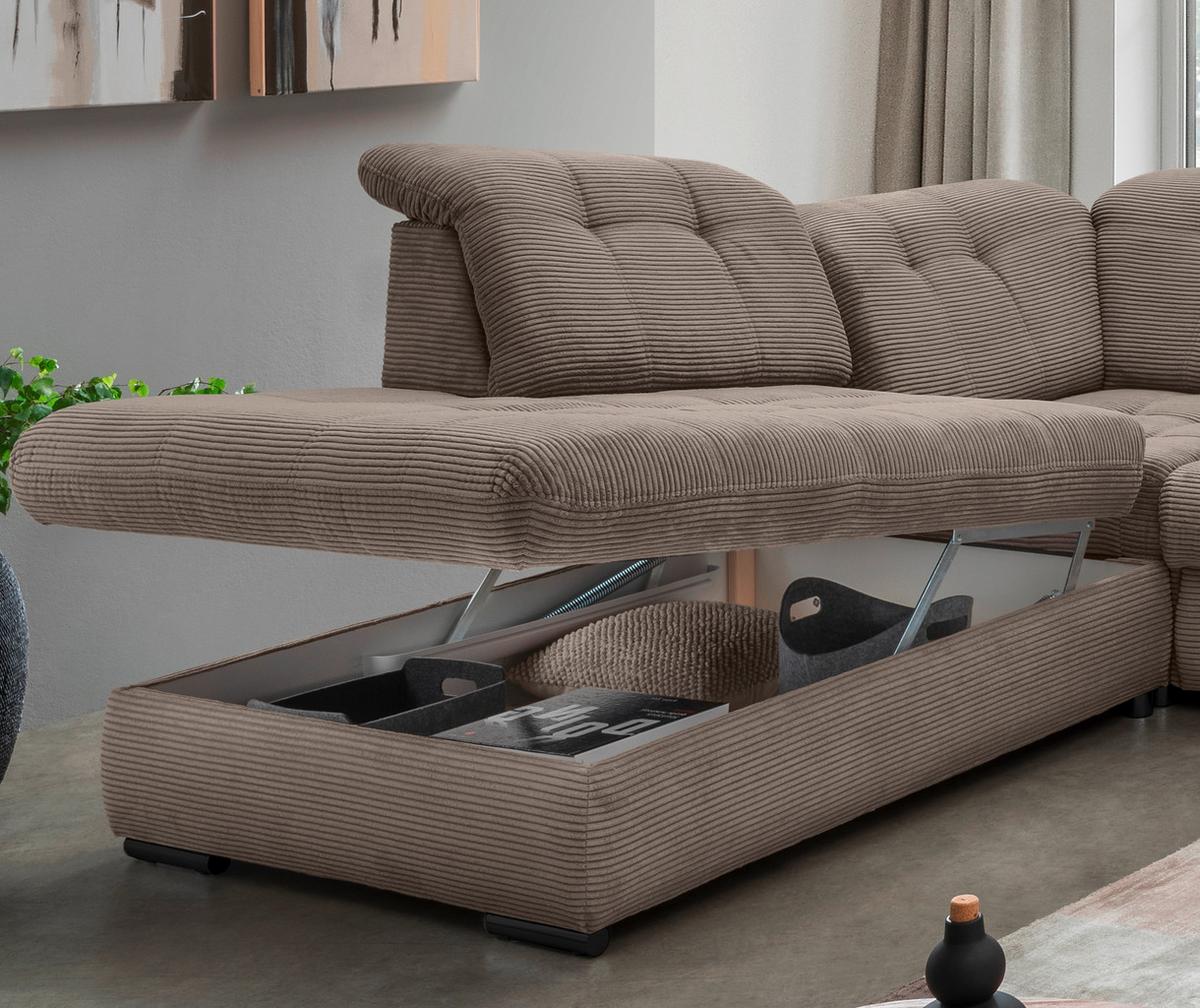 Wohnlandschaft Rigatti Grau- Braun Cord mit Bettkasten - Graubraun/Schwarz, MODERN, Textil/Metall (252/387/184cm) - Livetastic