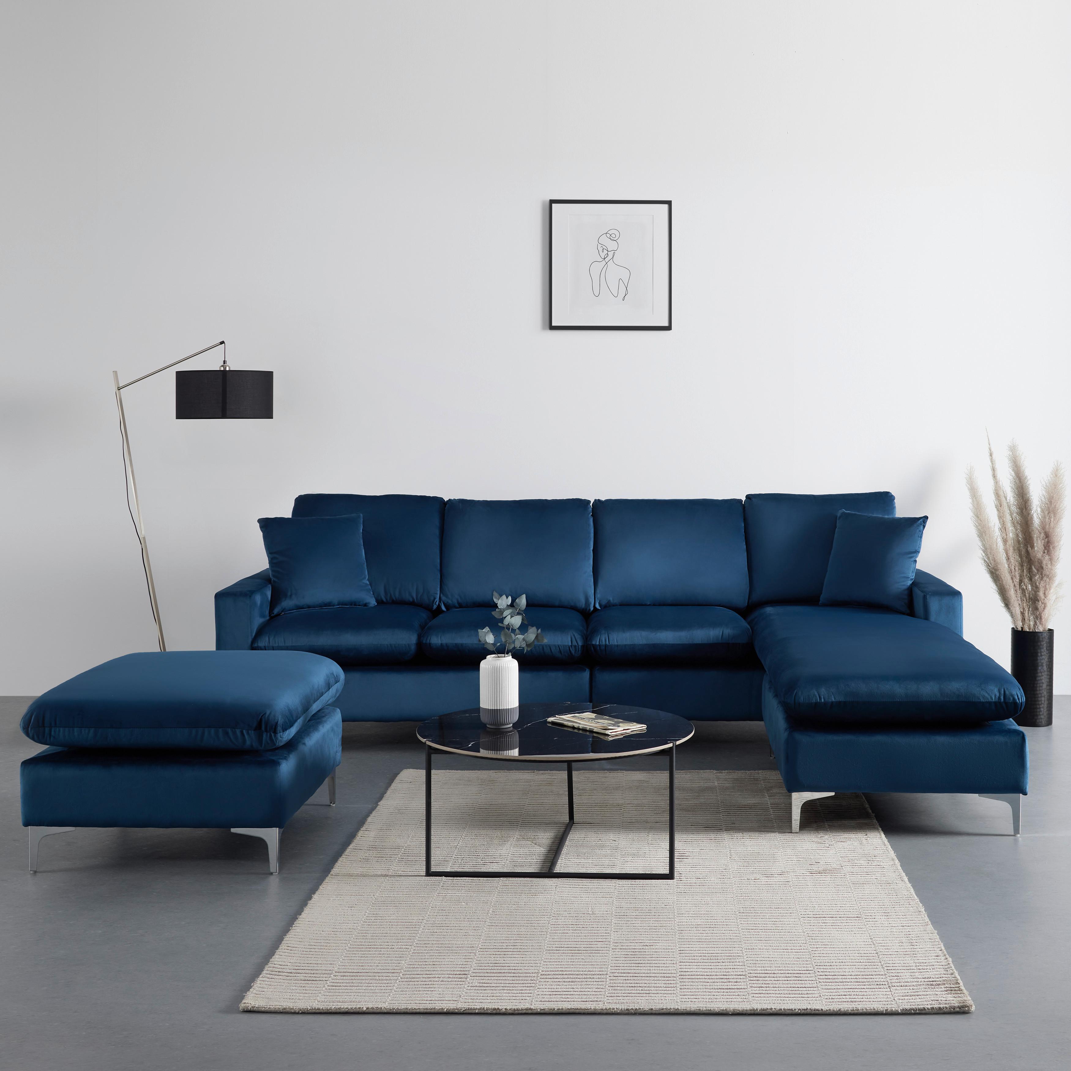 WOHNLANDSCHAFT ISA - Blau/Chromfarben, MODERN, Holz/Textil (280/91/204cm) - Livetastic