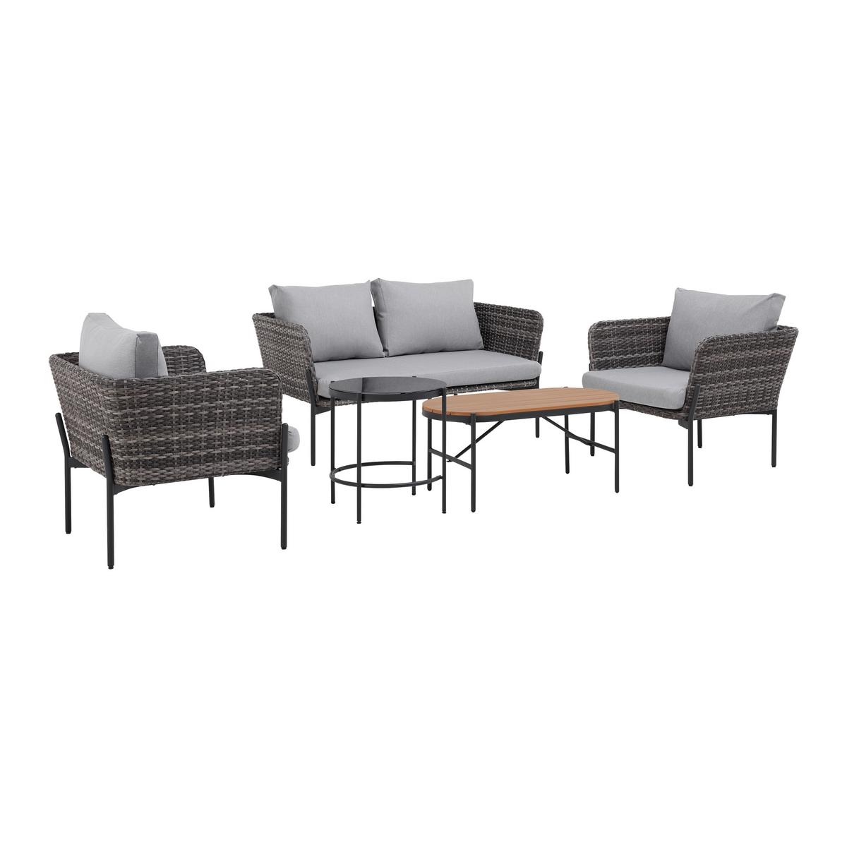 Loungegarnitur Zophia Grau Outdoorstoff/Metall/Glas - Dunkelgrau/Schwarz, MODERN, Glas/Kunststoff (150/68/70cm) - Bessagi Garden