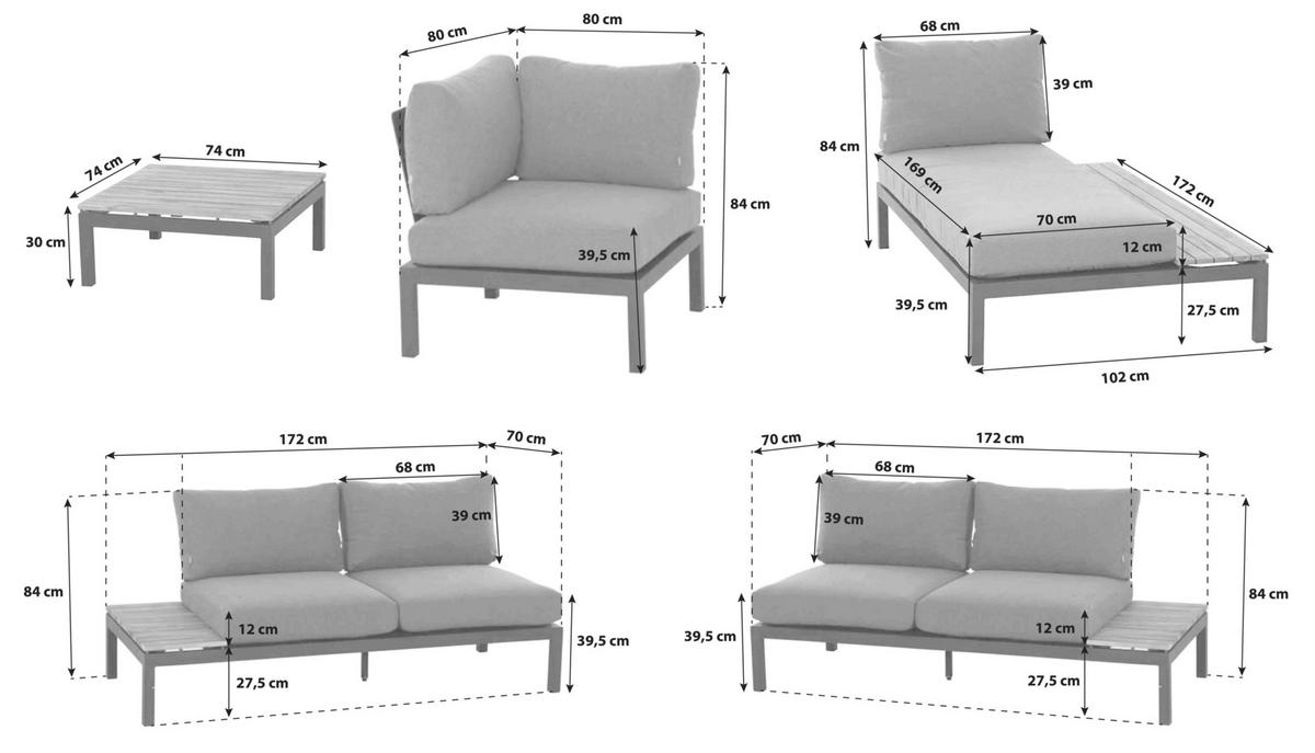 Modul-Loungegarnitur 5-tlg. Grau Teakholz - Anthrazit/Grau, KONVENTIONELL, Holz/Textil (252/84/354cm) - Siena Garden