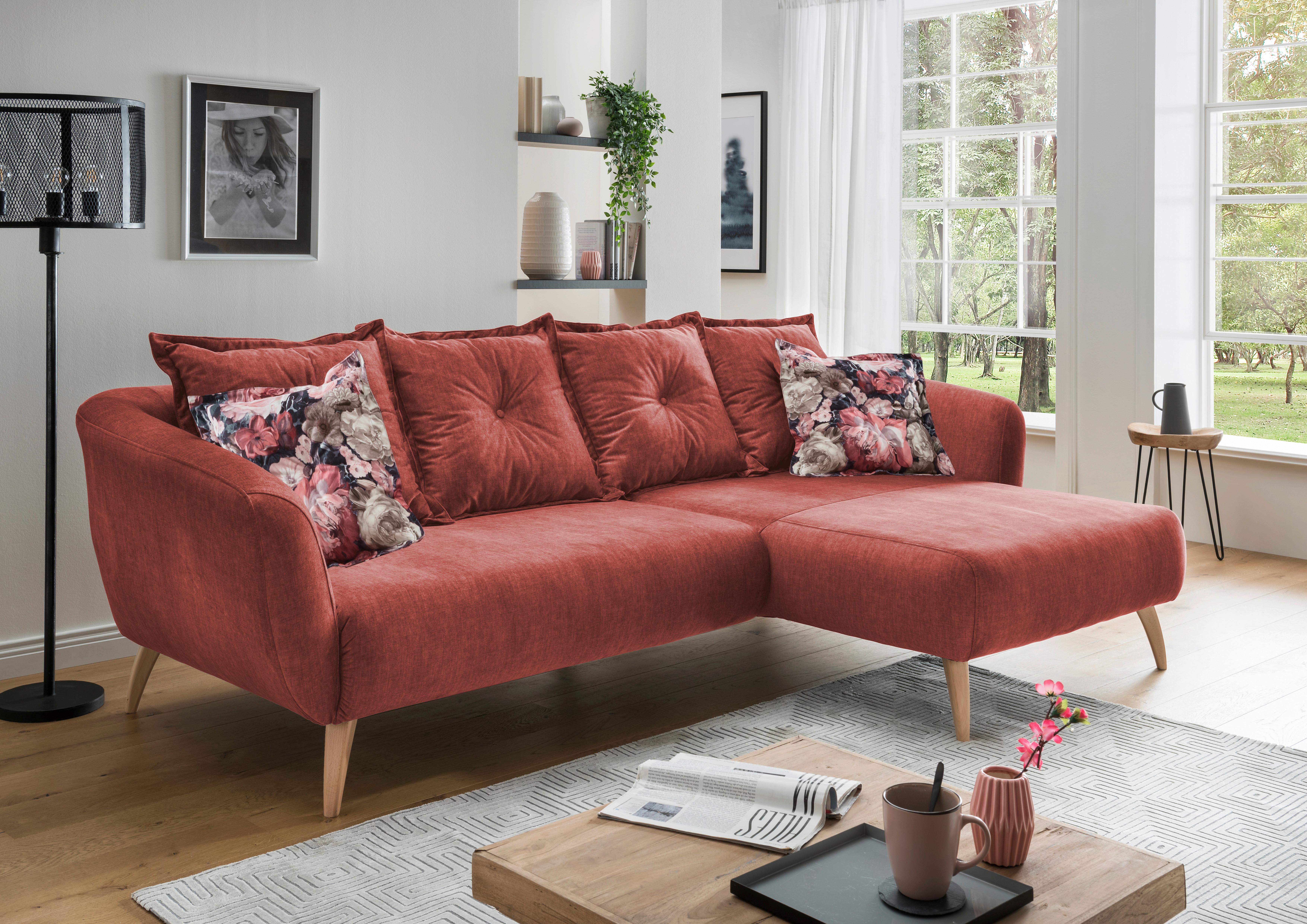 Wohnlandschaft Baggio Koralle Velours - Koralle/Buchefarben, MODERN, Holz/Textil (277/162cm) - Livetastic