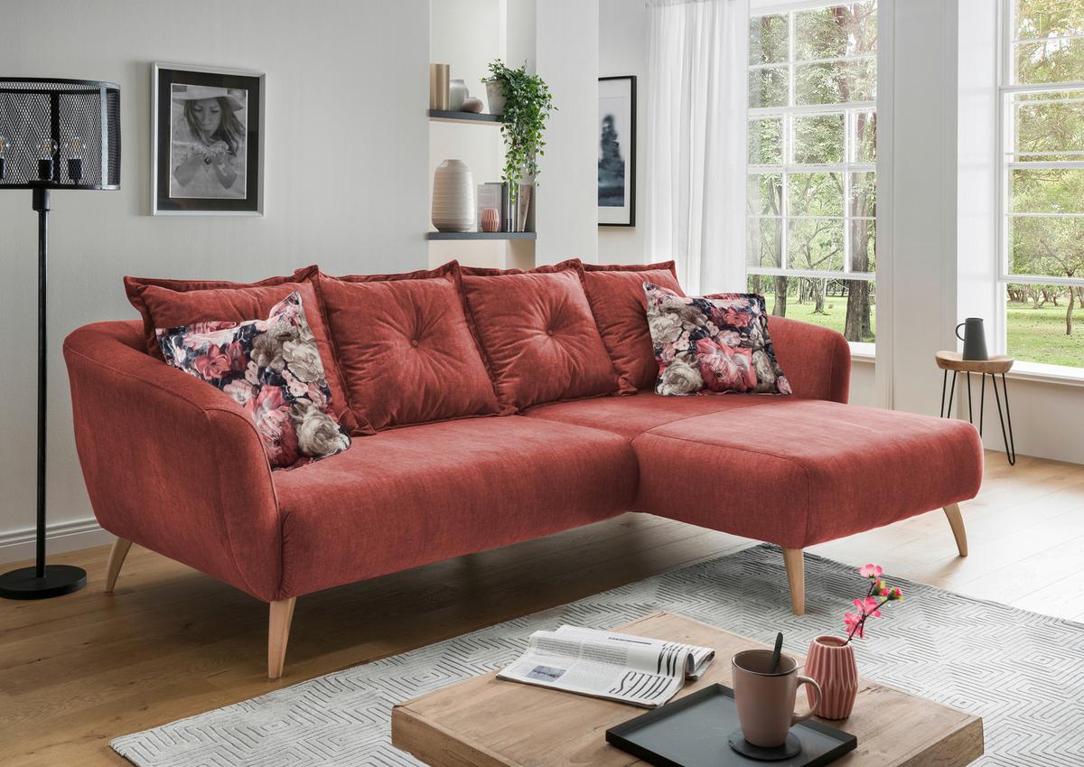 Wohnlandschaft Baggio Koralle Velours - Koralle/Buchefarben, MODERN, Holz/Textil (277/162cm) - Livetastic