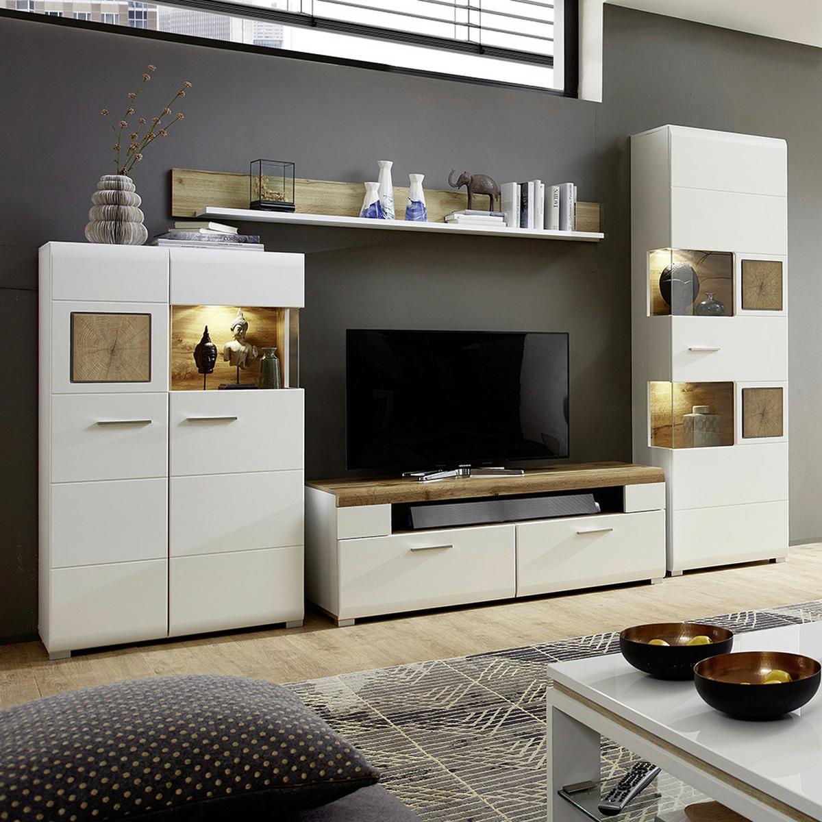 Wohnwand Fun Plus Weiß/Eiche inkl. Beleuchtung - Chromfarben/Eichefarben, MODERN, Holzwerkstoff/Metall (325/205/47cm) - Mömax