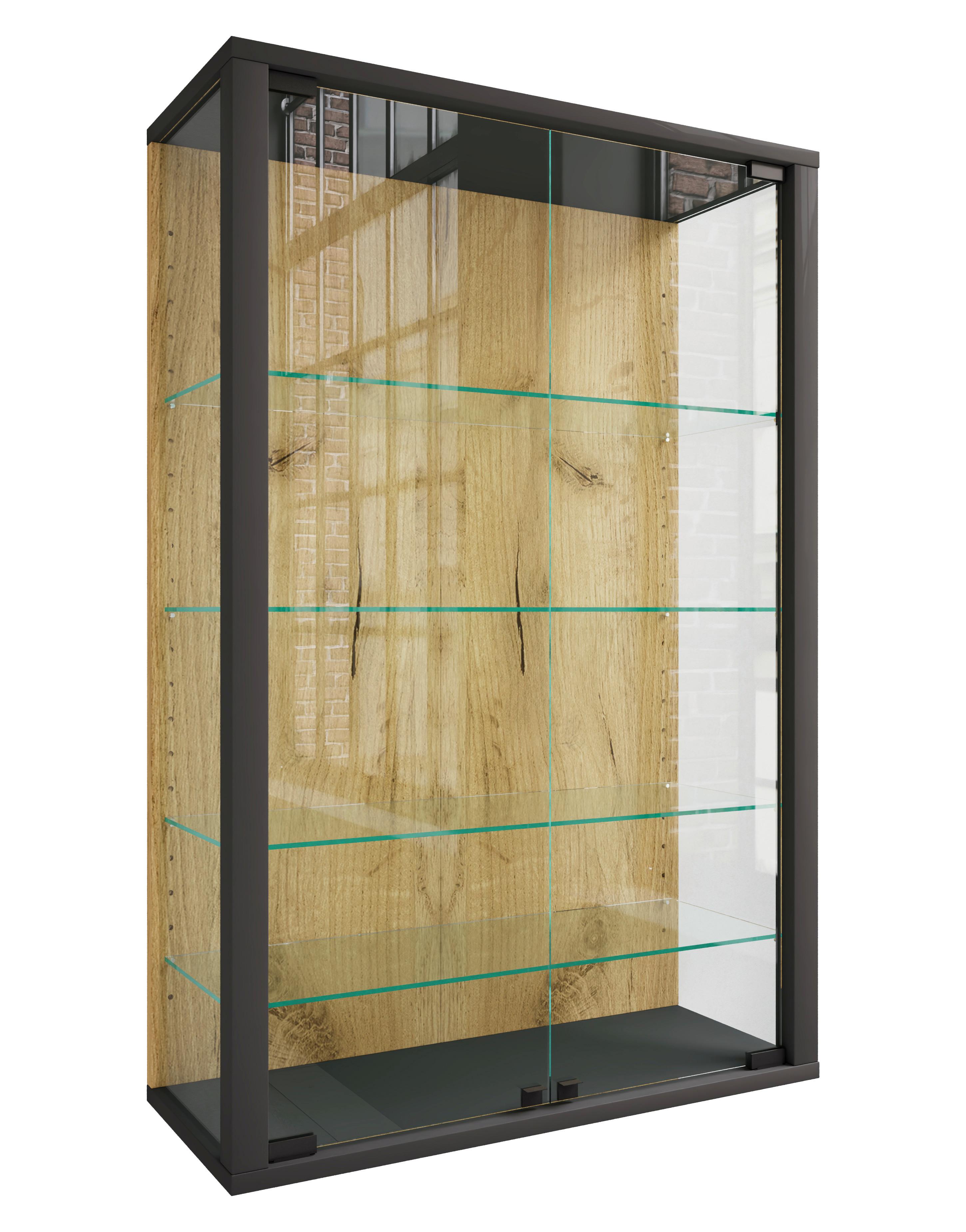 Hängevitrine Udina Schwarz/Honigeiche - Honigeiche/Klar, Design, Glas/Holzwerkstoff (59/91/25cm) - Livetastic