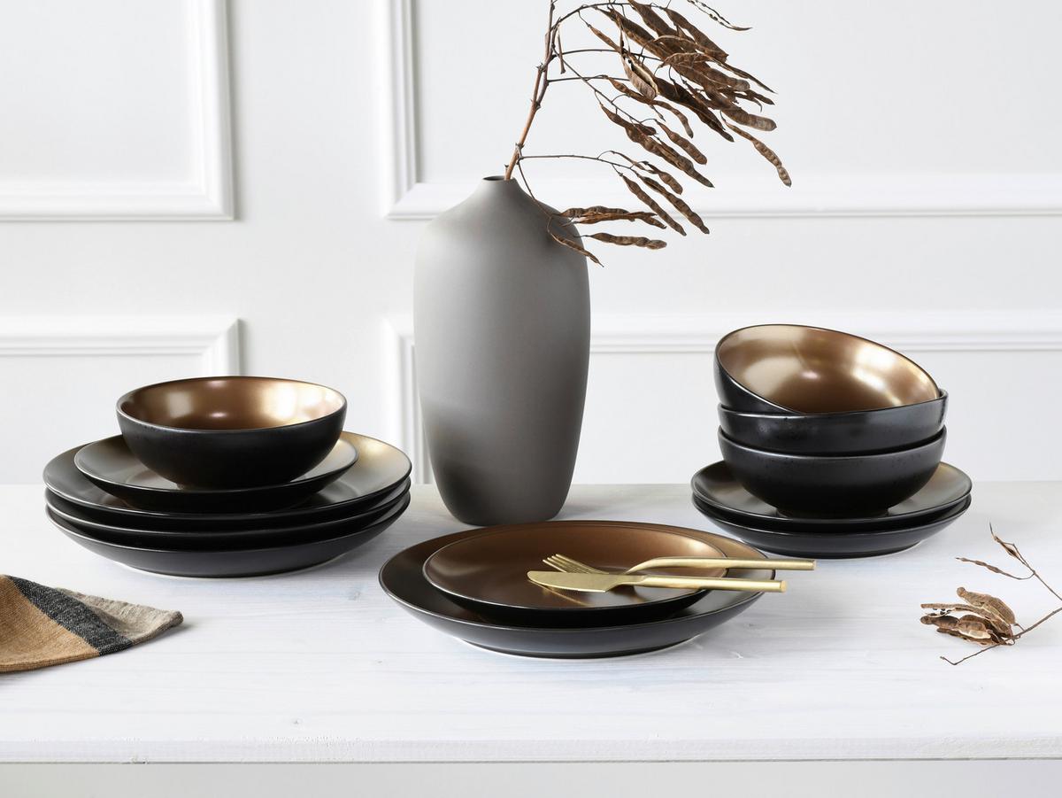 Tafelservice Schwarz/Goldfarben, 12-teilig - Goldfarben/Schwarz, Keramik (31,5/31/38cm) - Creatable