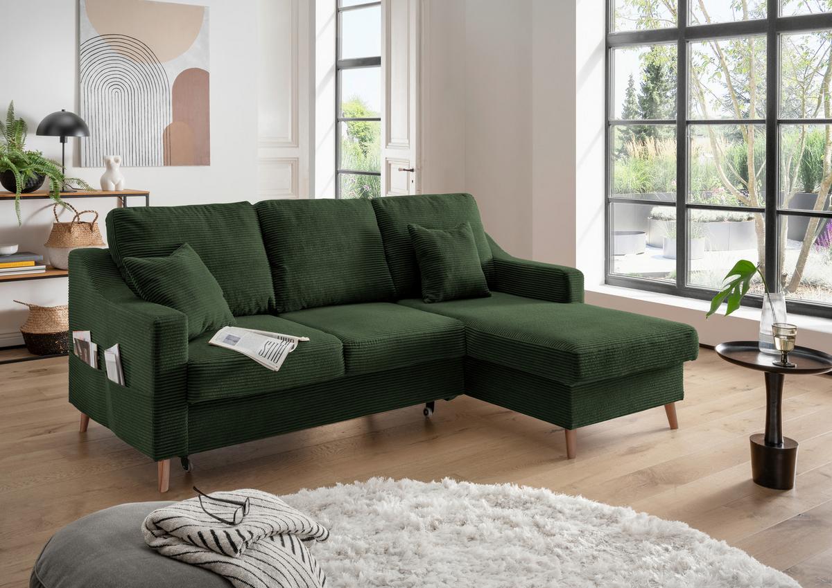 Ecksofa Valentina Cord ca. 228x150 cm Dunkelgrün - Dunkelgrün/Naturfarben, Design, Holz/Textil (228/150cm) - P & B