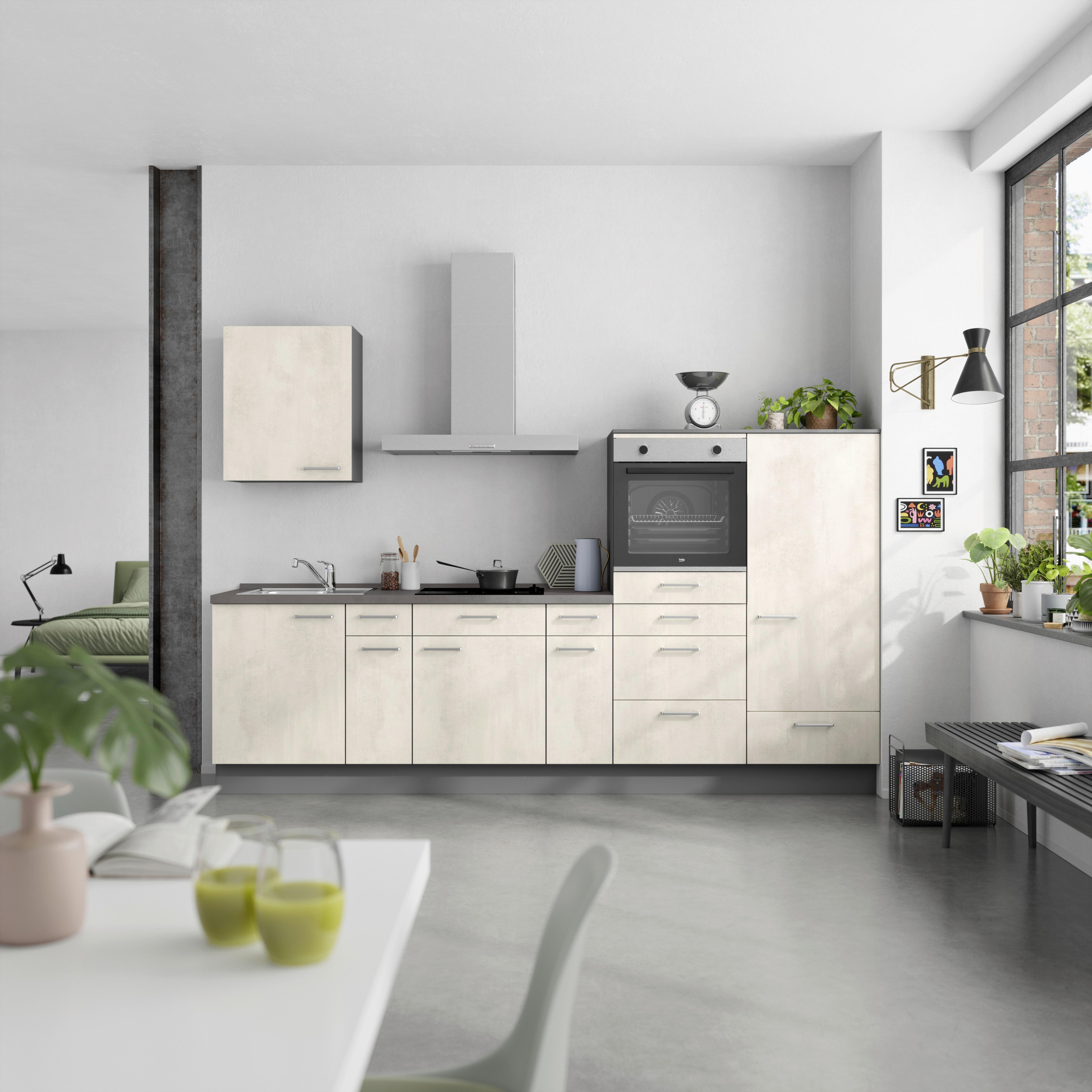Küchenblock Riva Low m. Geräten Weiß - Schieferfarben/Edelstahlfarben, MODERN, Holzwerkstoff/Metall (300cm) - Nobilia