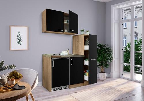 Miniküche Schwarz/Eichefarben m. Geräten B: ca. 130 cm - Edelstahlfarben/Eichefarben, MODERN, Holzwerkstoff (130cm) - Respekta