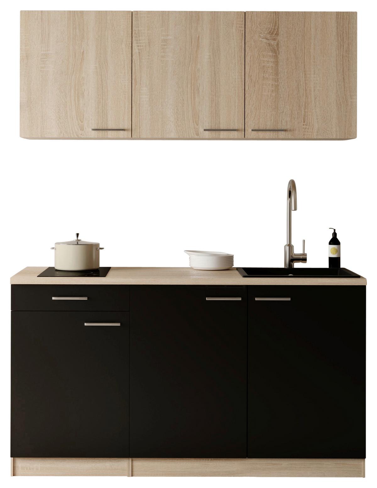 Miniküche Ingrid m. Gerät ca. 150cm Schwarz - Eichefarben/Schwarz, Design, Holzwerkstoff/Kunststoff (150cm) - Respekta