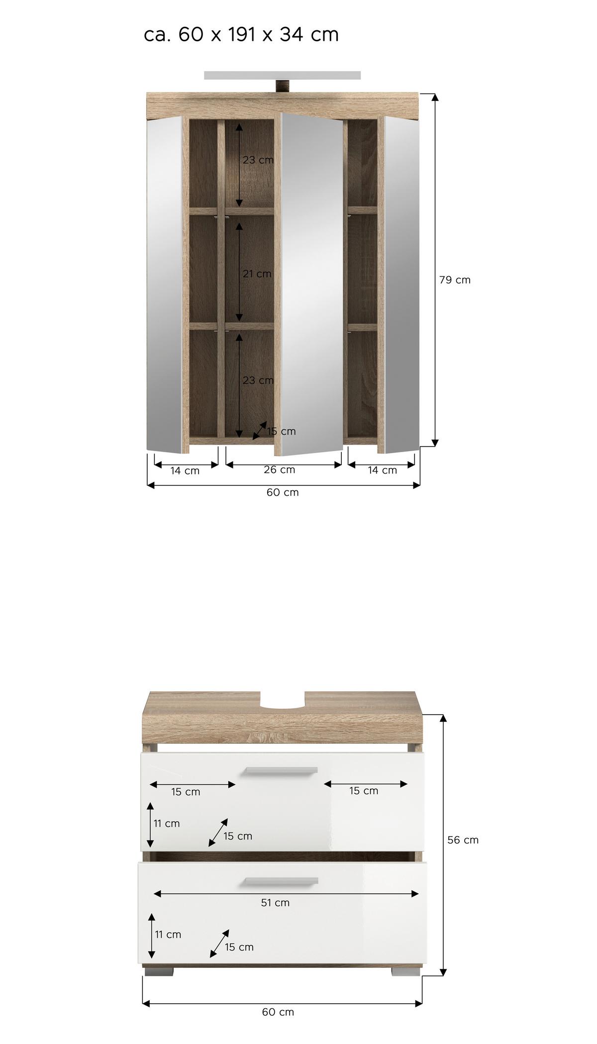 Kopalnica Lambada, Barva Hrasta, Bela, 2-Delna - srebrne barve/bela, Moderno, umetna masa/steklo (60cm) - MID.YOU