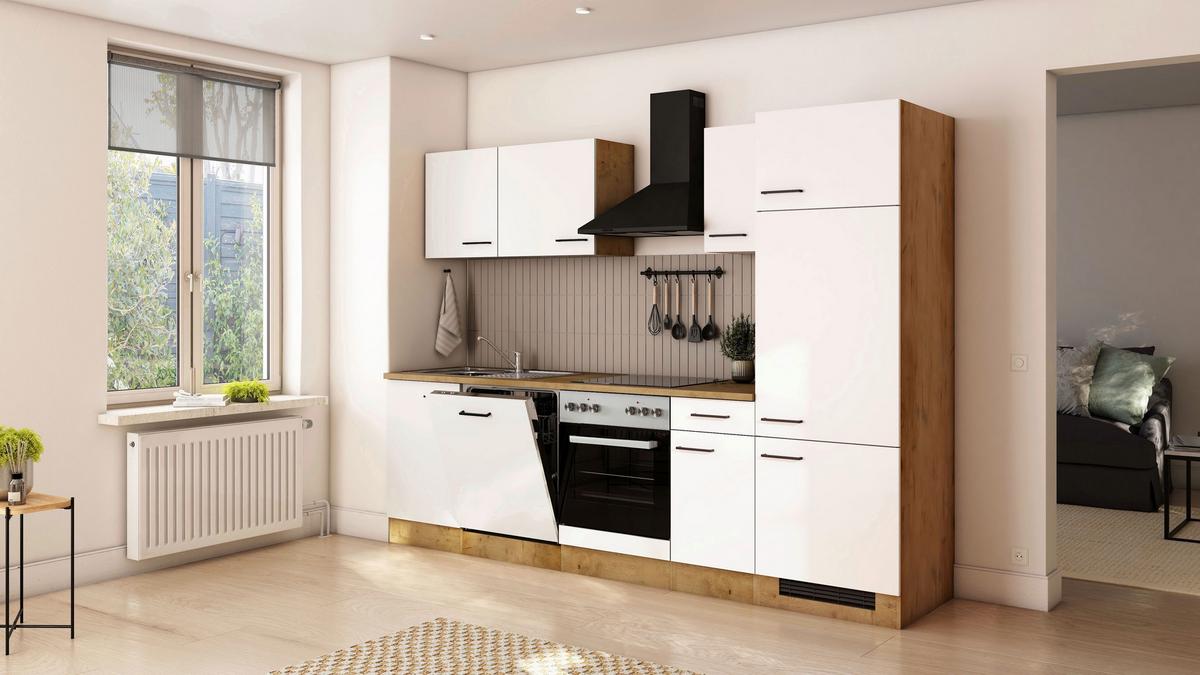 Küchenblock Avila m. Geräten Magnolie - Eichefarben/Magnolie, Trend, Holzwerkstoff/Metall (270cm) - FlexWell