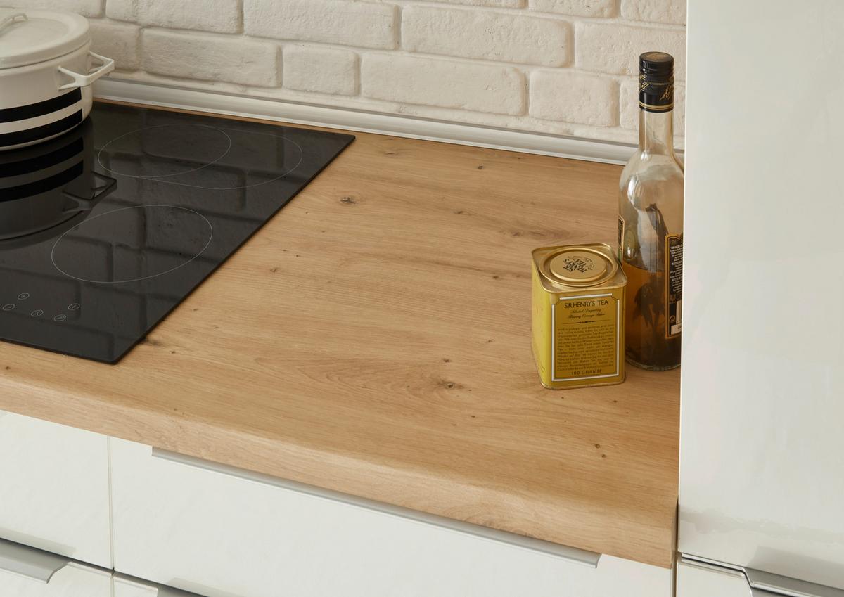 Eckküche Marleen mit Geräten Weiß Hochgl/Eiche ca.370x170cm - Weiß Hochglanz/Alufarben, LIFESTYLE, Holzwerkstoff/Kunststoff (170/370cm) - Respekta