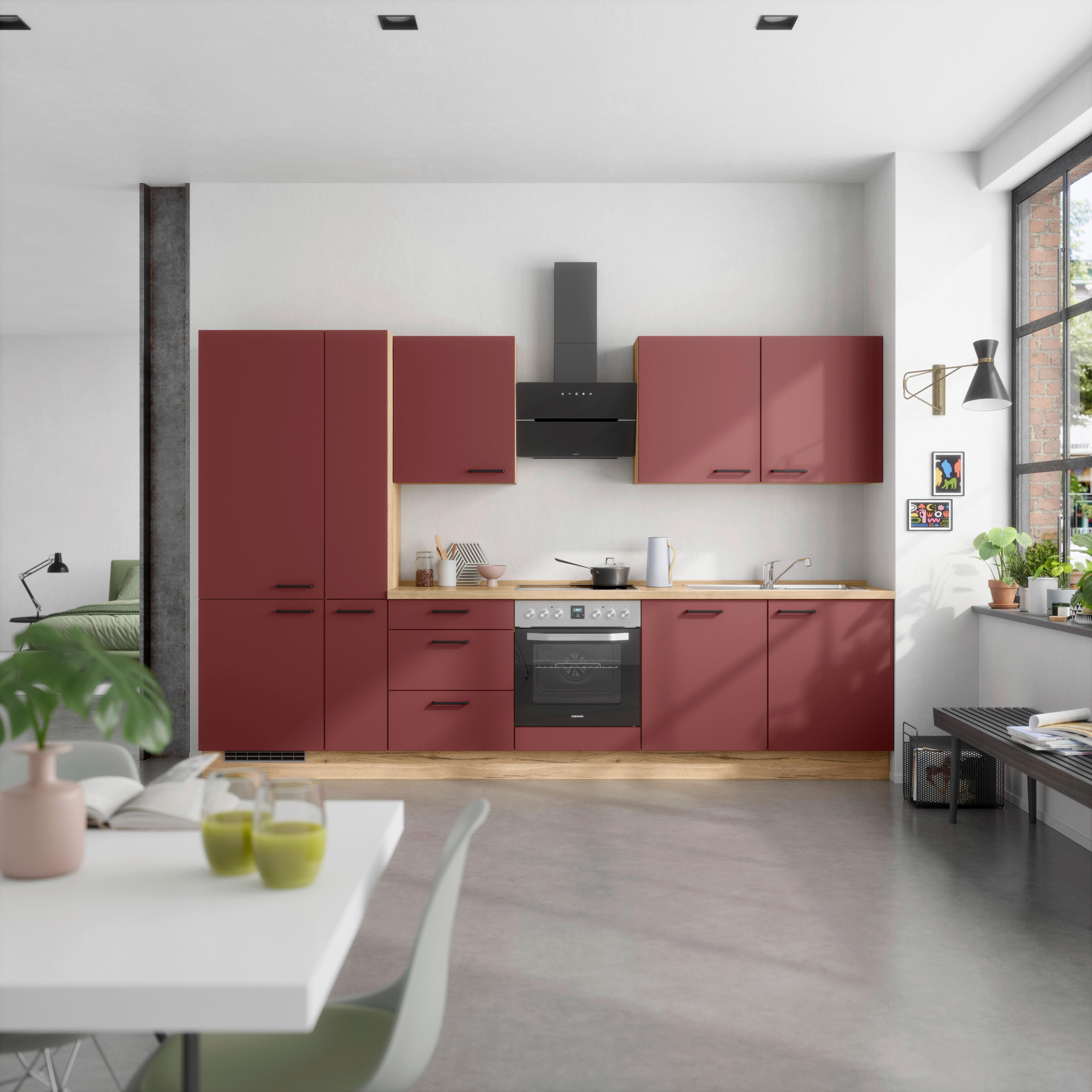 Küchenblock Easytouch High m. Geräten Dunkelrot - Eichefarben/Schwarz, MODERN, Holzwerkstoff/Metall (330cm) - Nobilia