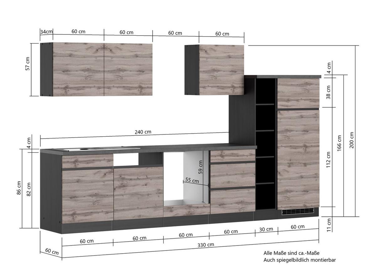 Küchenzeile Turin ohne Geräte ca. 330 cm Graphit/Eiche - Eiche Wotan, Design, Holzwerkstoff (330cm) - Held