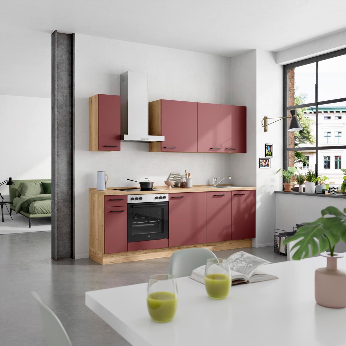 Küchenblock Easytouch Low m. Geräten Dunkelrot - Eichefarben/Schwarz, MODERN, Holzwerkstoff/Metall (240cm) - Nobilia
