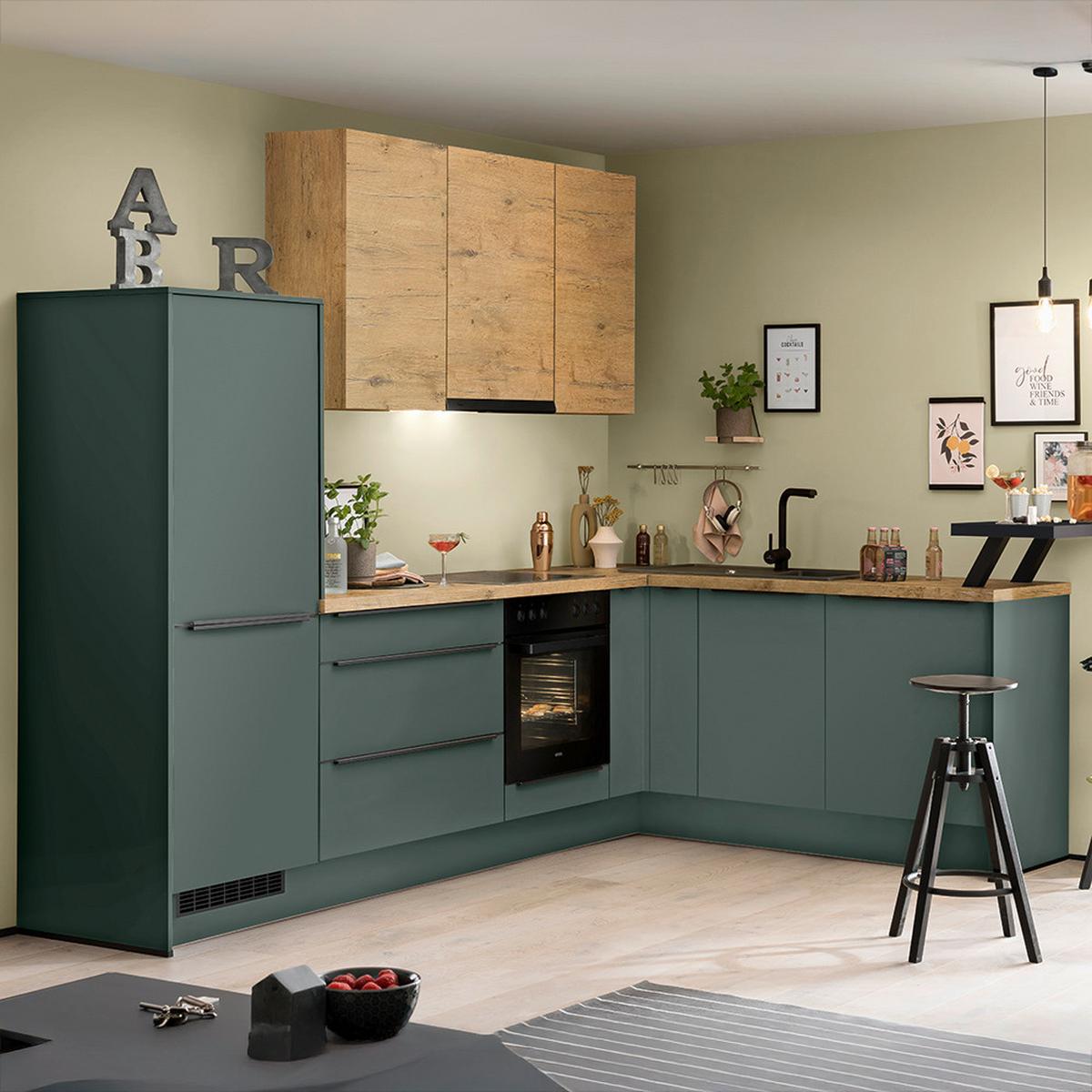 Eckküche IP1200/2200 o. Geräte ca. 191,6x293,4cm Thymiangrün - Eichefarben/Thymiangrün, Holzwerkstoff/Metall (191,6/293,4cm) - Impuls