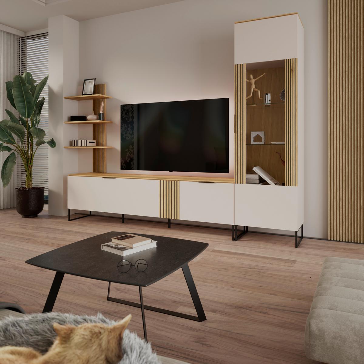 Comodă TV KING - cașmir/culoare lemn stejar, Modern, material pe bază de lemn (200/54/40cm) - Modern Living