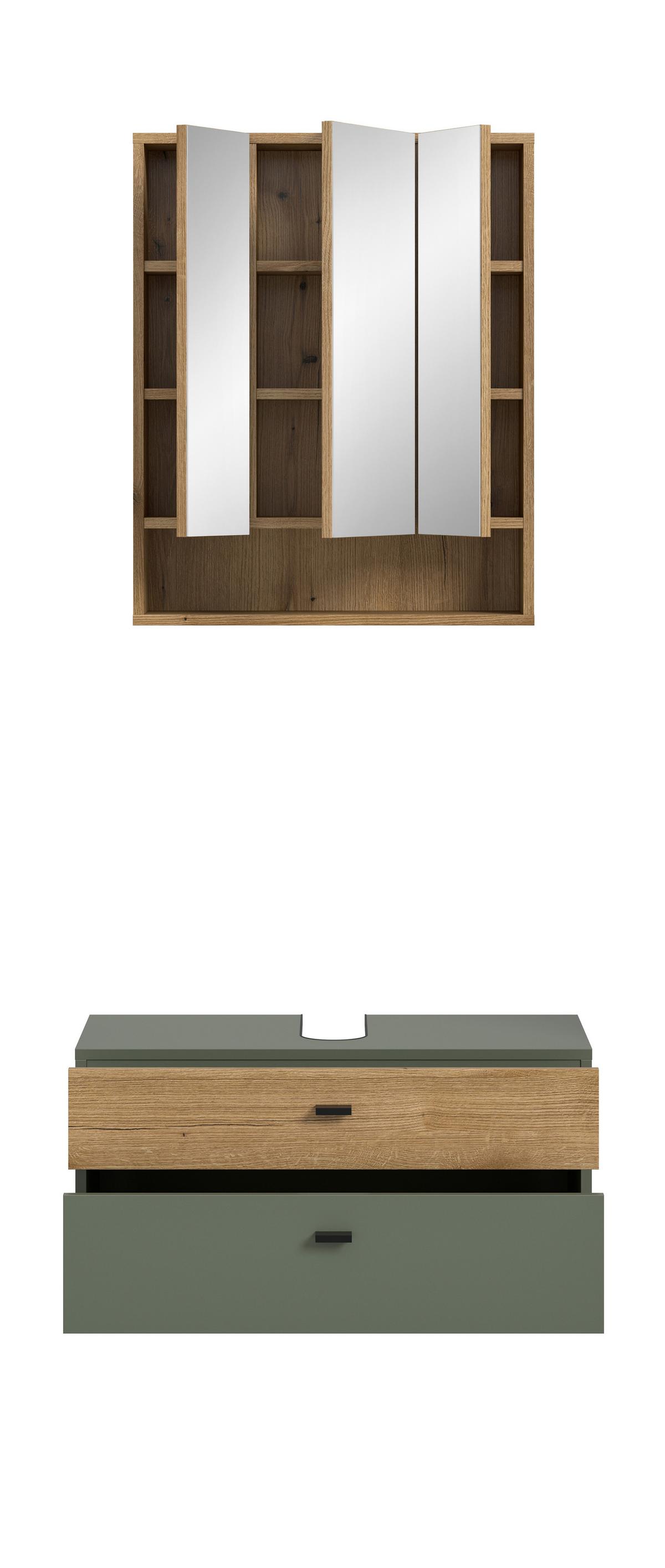 Badezimmer AQUA Grün, Eichefarben 2-teilig - Eichefarben/Schwarz, Trend, Glas/Holzwerkstoff (75cm) - MID.YOU