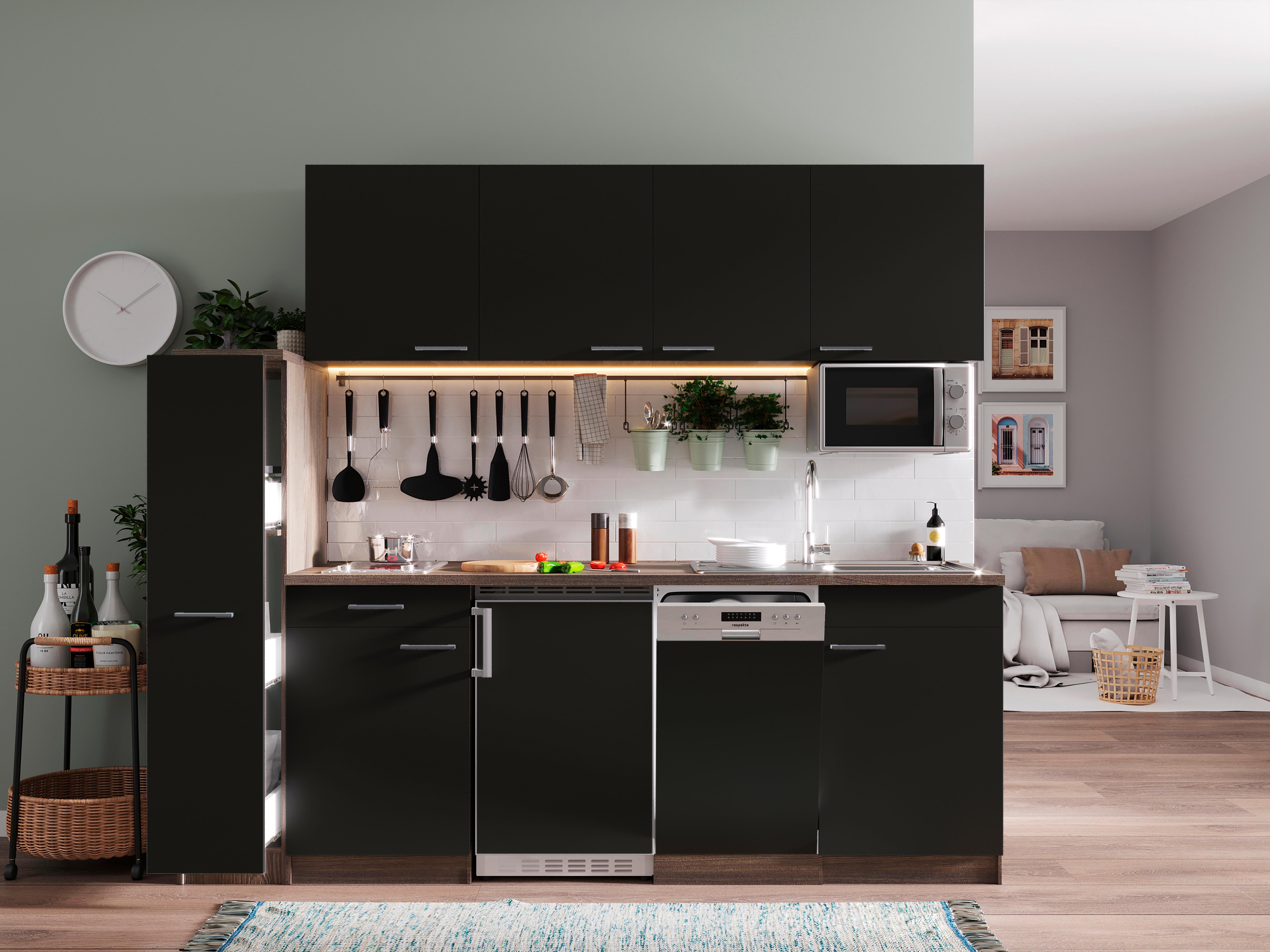Küchenblock Oliver mit Geräten ca. 225 cm Schwarz - Eichefarben/Schwarz, Basics, Holzwerkstoff/Kunststoff (225cm) - Respekta