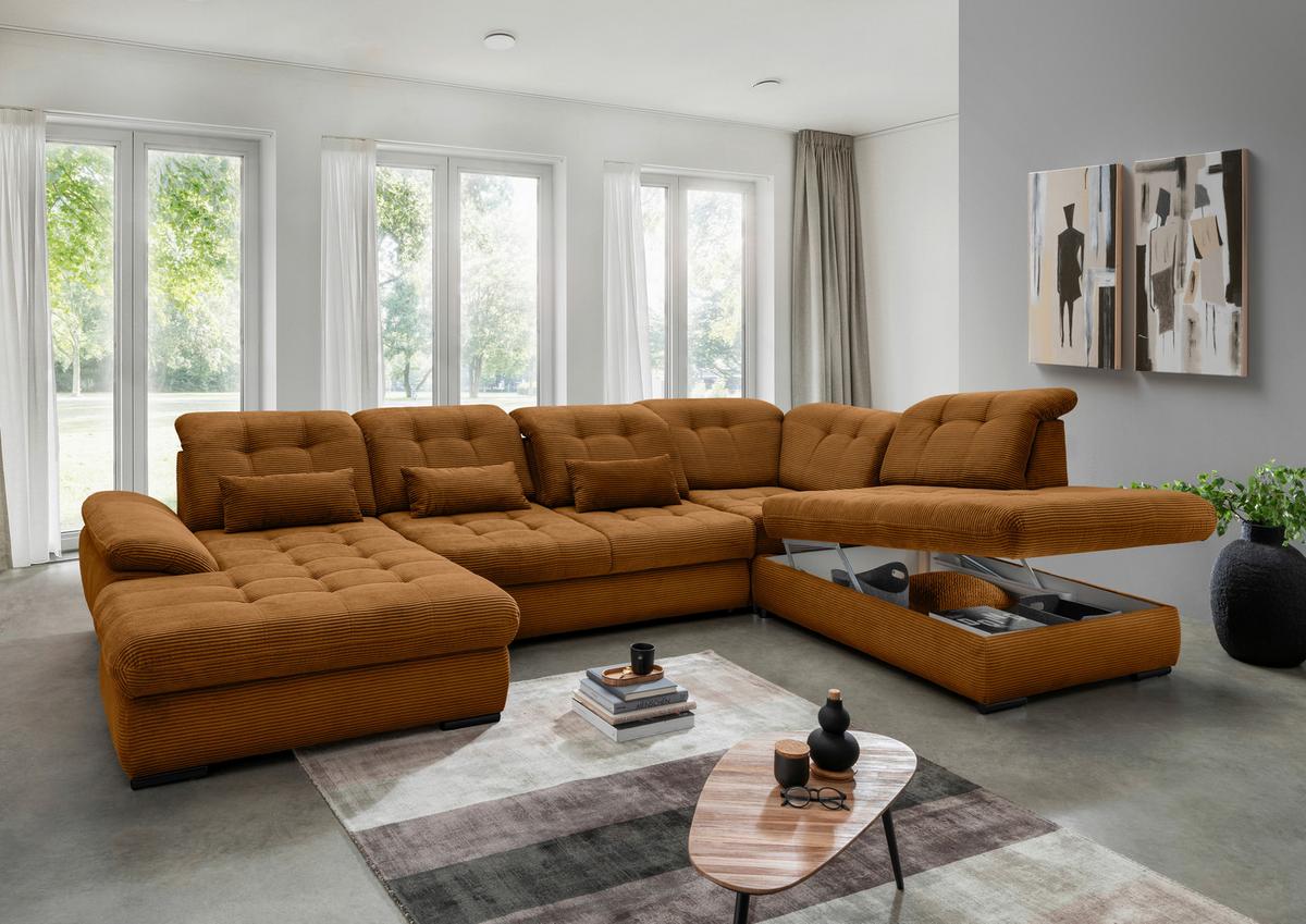 Wohnlandschaft Rigatti Gold Cord mit Bettkasten - Goldfarben/Schwarz, MODERN, Textil/Metall (184/387/252cm) - Livetastic