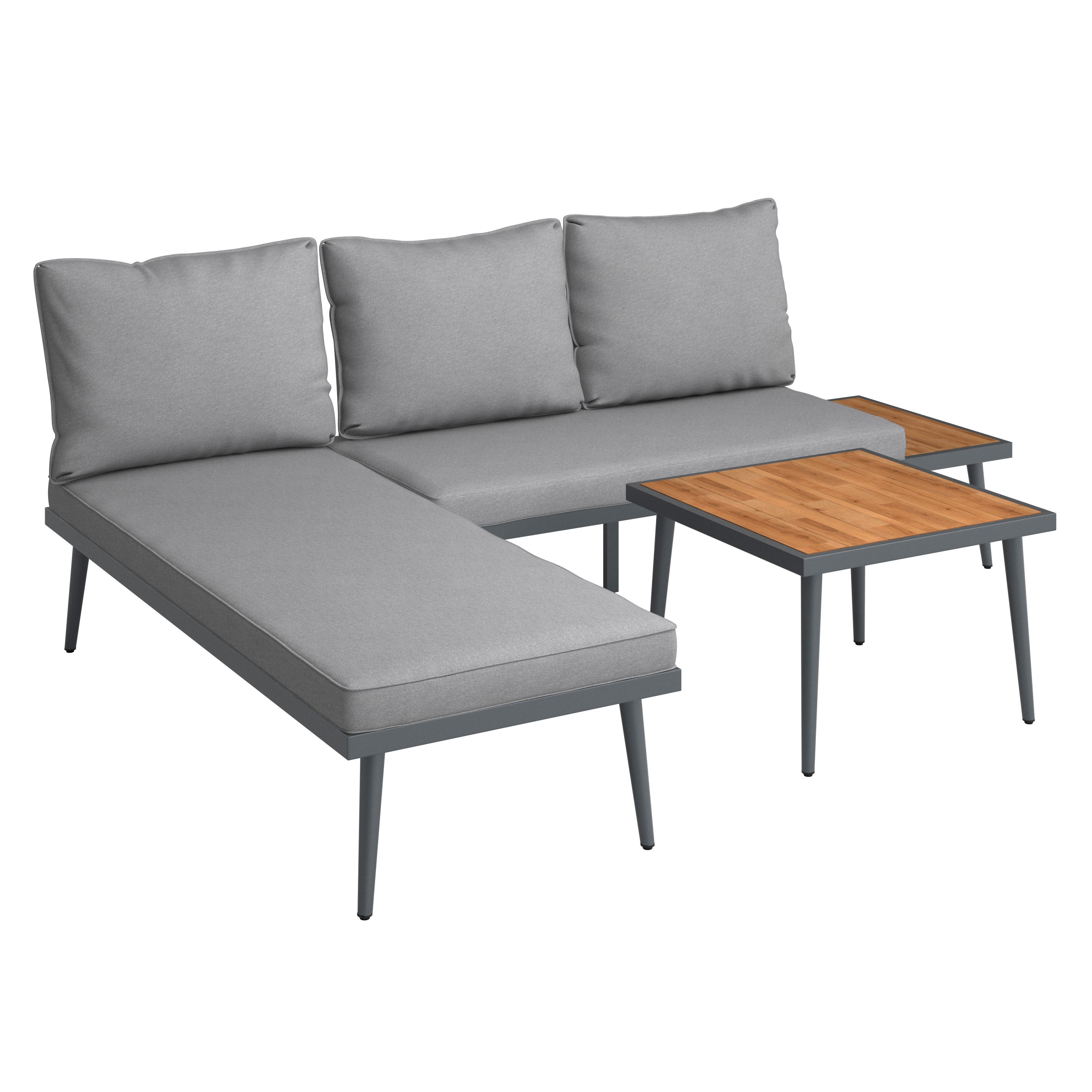 Loungegarnitur-Set Sallie Grau Holz/Metall/Outdoorstoff - Schwarz/Naturfarben, MODERN, Holz/Metall (205/76,5/58,5cm) - Bessagi Garden
