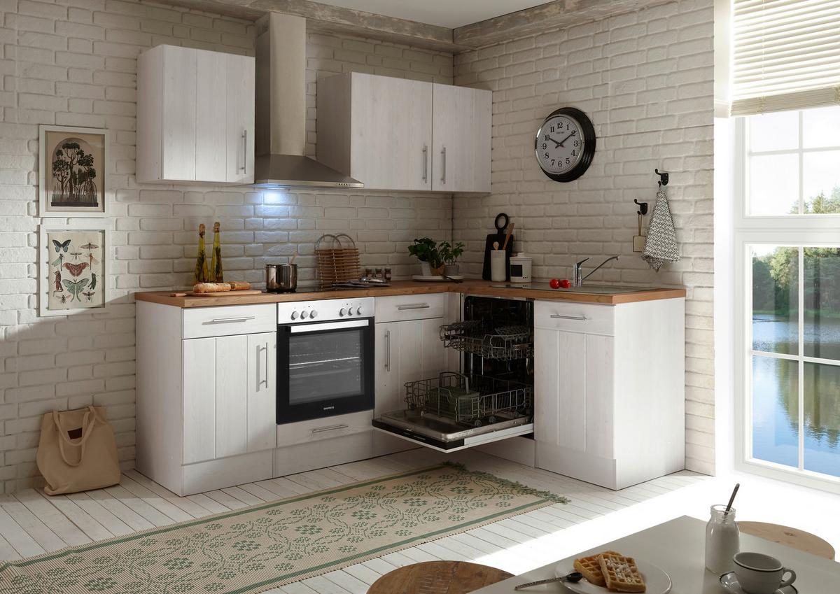 Eckküche Anton Landhaus ohne Geräte ca. 220x172cm Weiß - Wildeiche/Edelstahlfarben, Basics, Holzwerkstoff/Metall (220/172cm) - Respekta