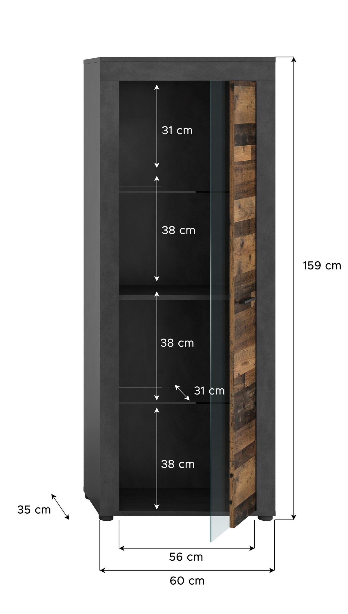 Vitrina Jam, Videz Starega Lesa - črna, Design, umetna masa/steklo (60/159/35cm) - MID.YOU
