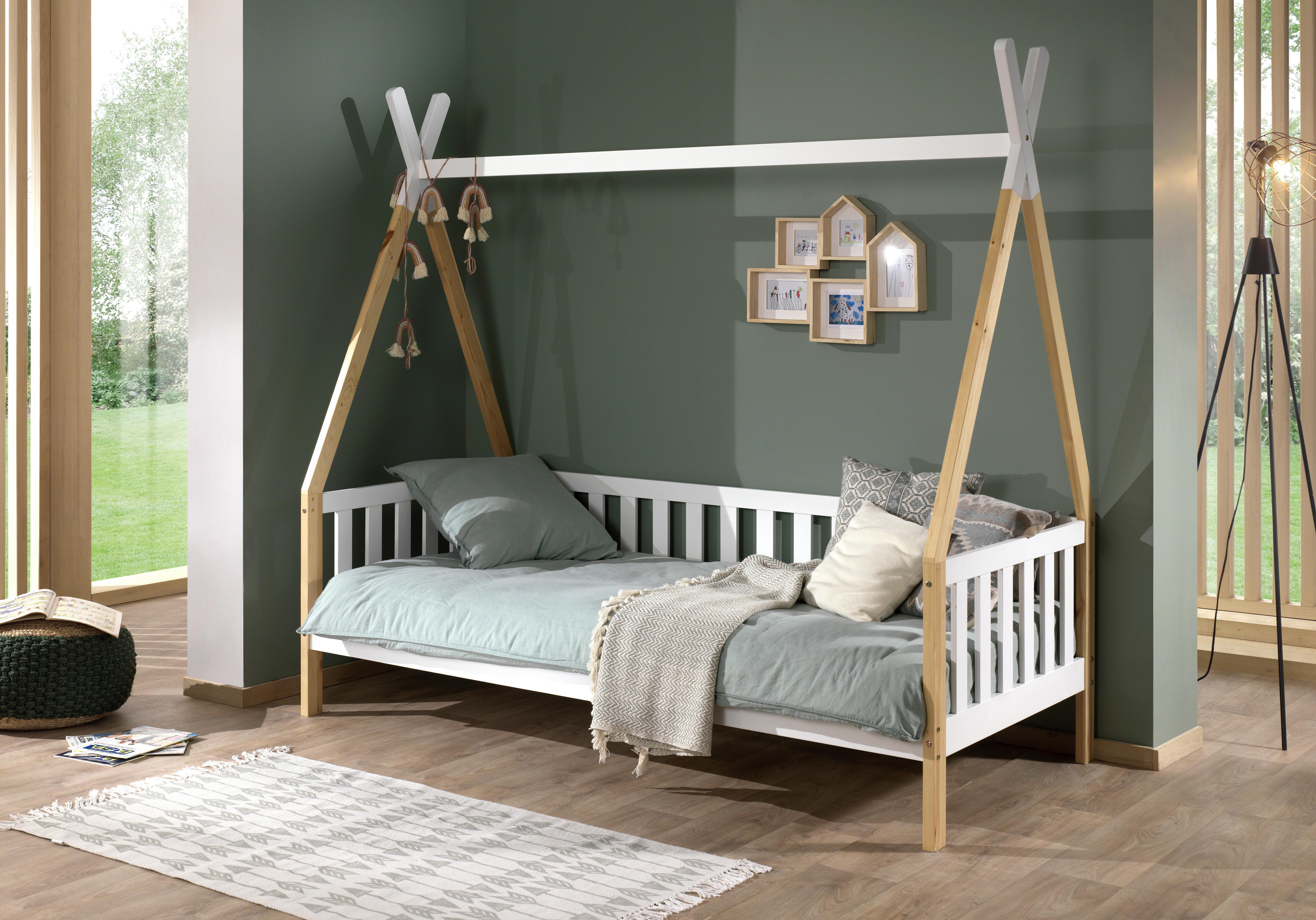 Hausbett "Tipi" 90x200 cm, weiß/kiefer - Weiß/Kieferfarben, MODERN, Holz (90/200cm) - MID.YOU