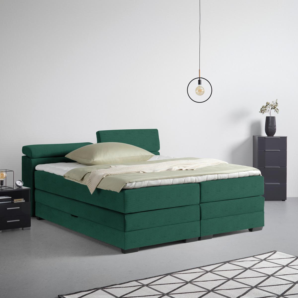 Boxspringbett Sevilla Dunkelgrün ca. 180x200cm - Dunkelgrün/Schwarz, KONVENTIONELL, Holz/Kunststoff (180/200cm) - Premium Living