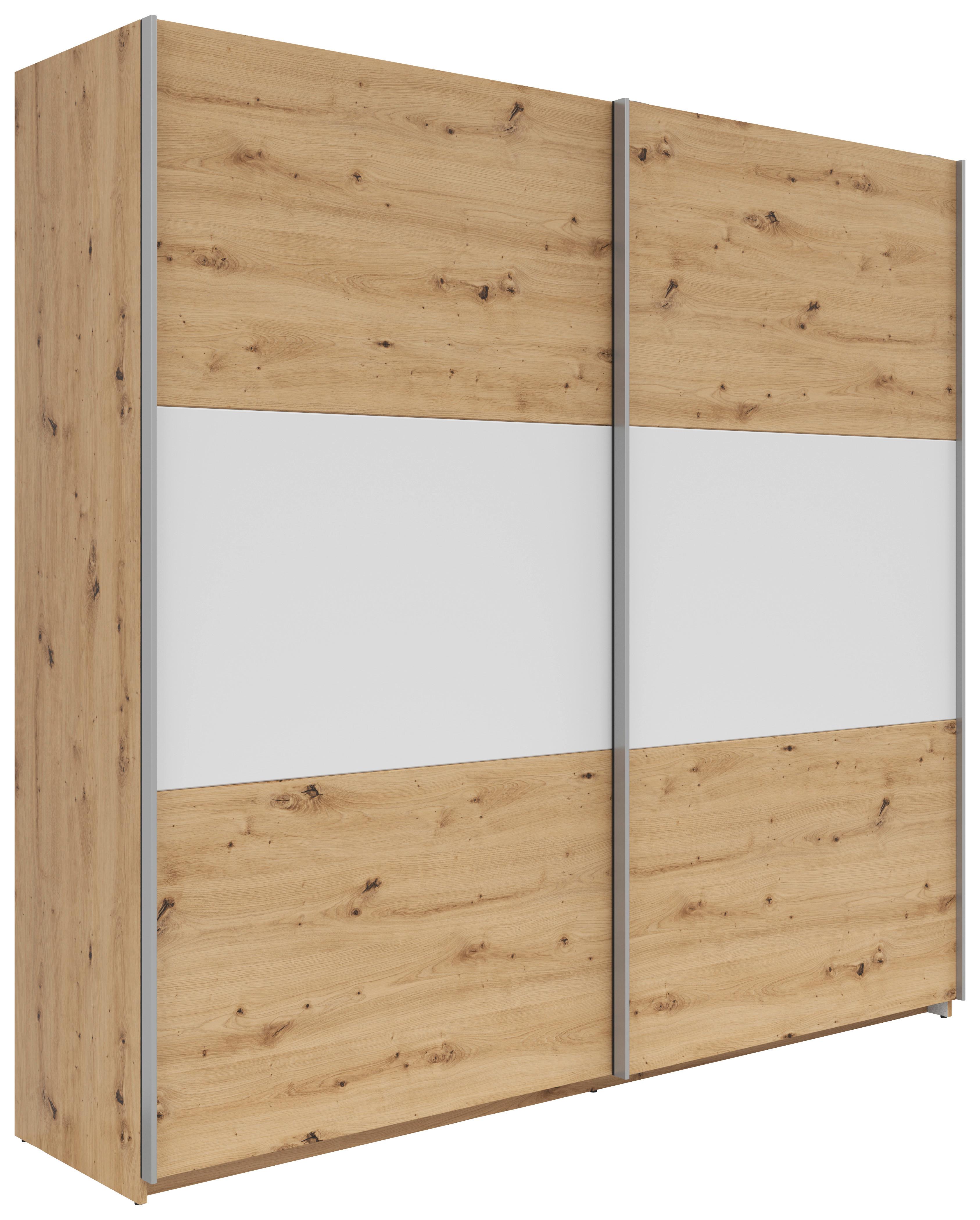 Schwebetürenschrank Saturn in Eiche Artisan/Weiß - Eichefarben/Silberfarben, KONVENTIONELL, Holzwerkstoff/Metall (218/210/59cm) - Mömax