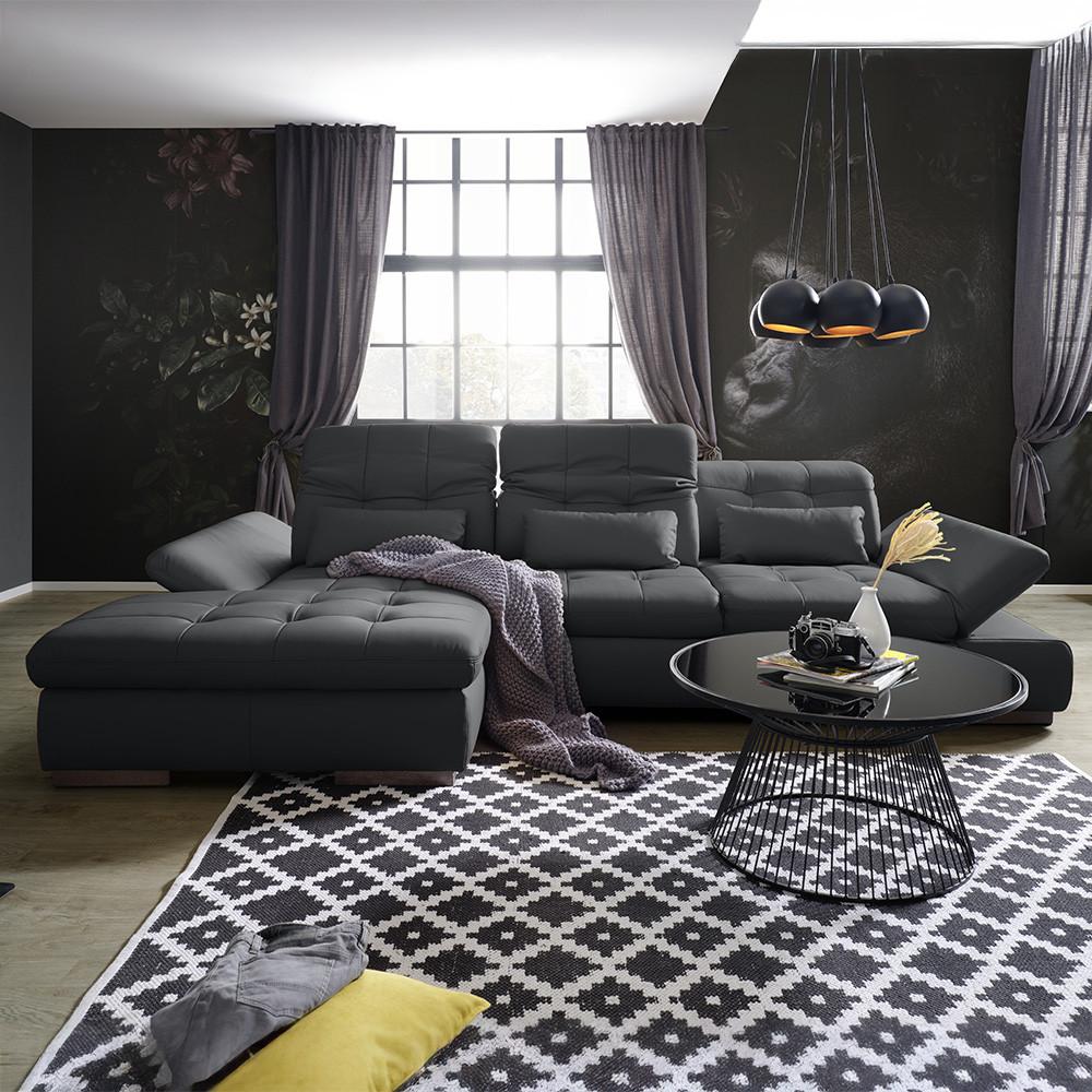 Wohnlandschaft Sanfino Leder Schwarz - Chromfarben/Schwarz, KONVENTIONELL, Leder/Metall (199/79-96/305cm) - Premium Living