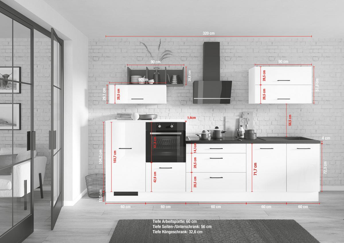Küchenblock IBZ ohne Geräte ca. 320 cm Weiß Hochglanz - Weiß Hochglanz/Schwarz, Design, Holzwerkstoff/Metall (320cm) - Impuls