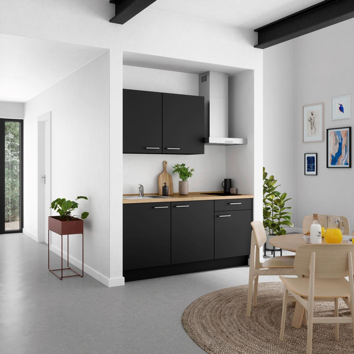 Küchenblock Touch Low m. Geräten Schwarz - Edelstahlfarben/Eichefarben, MODERN, Holzwerkstoff/Metall (180cm) - Nobilia