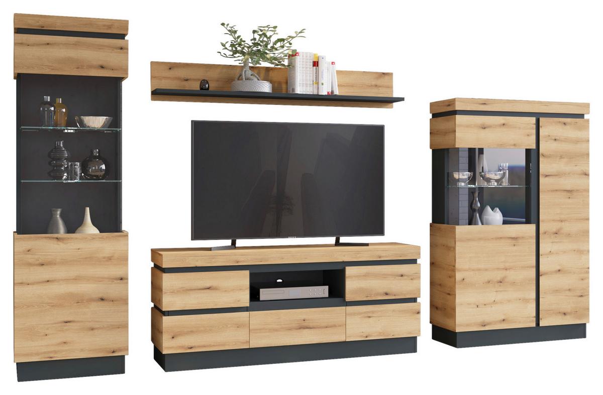 Vitrină CORTE - culoare lemn stejar/gri, Trend, sticlă/material pe bază de lemn (60,1/200,5/40cm) - Modern Living