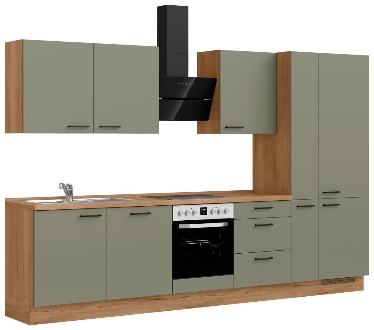 Küchenleerblock Senso High o. Geräte Olivgrün - Eichefarben/Schwarz, ROMANTIK / LANDHAUS, Holzwerkstoff/Metall (330cm) - Nobilia
